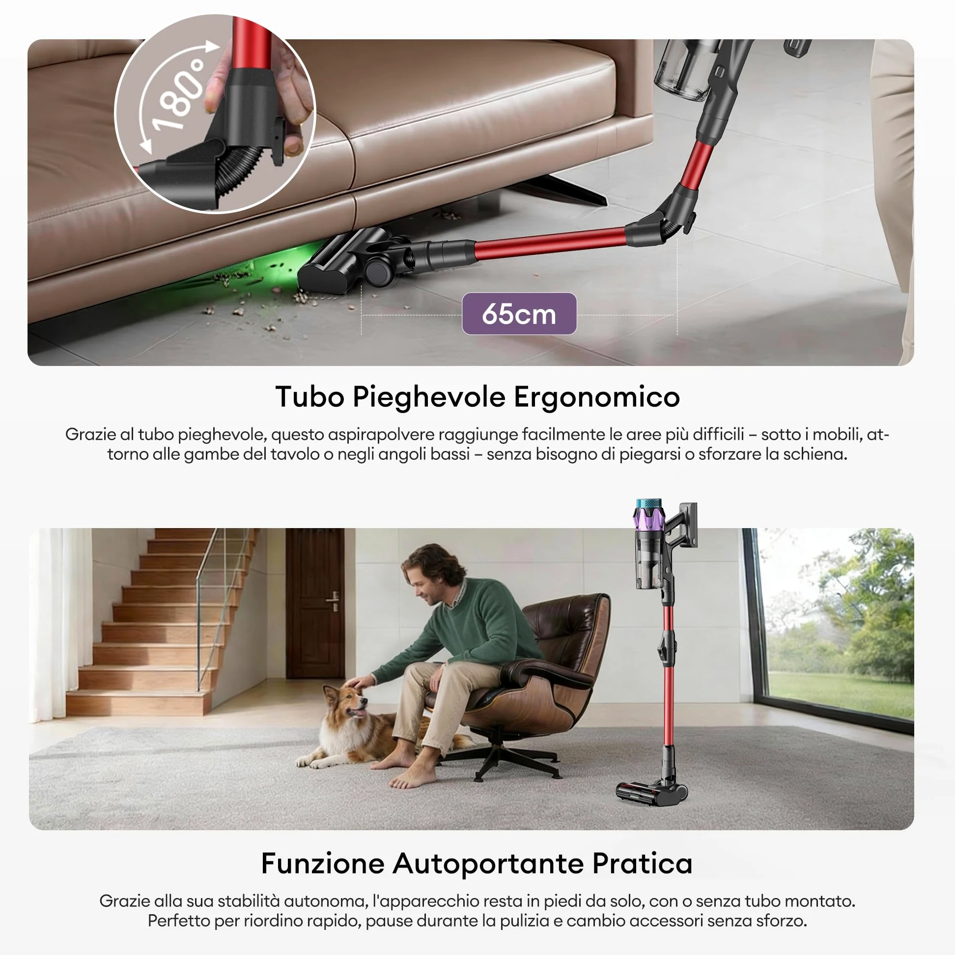 Ultenic 55Kpa/80Min Aspirapolvere Senza Fili U18, Scopa Elettrica Senza Fili Potente con Tubo Pieghevole, Filtrazione Multi-Cono,Display Intelligente, Anti-Groviglio per Peli Animali/Pavimenti/Tappeti