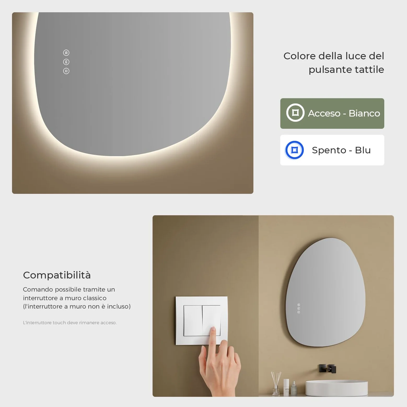 S'AFIELINA Specchio da bagno con luci a LED,75 x 55 cm,con interruttore Smart Touch,luce dimmerabile in 3 colori,anti-appannamento,funzione memoria,retroilluminato,specchio bagno asimmetrico