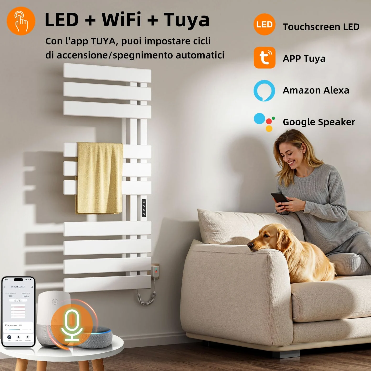 Scaldasalviette Elettrico, Termostato WiFi Smart Scaldasalviette, per Alexa e Google Home e APP, 500x1100 mm, Portasciugamani elettrico, Scaldasalviette Elettrico Bagno Basso Consumo-WIFI White Right
