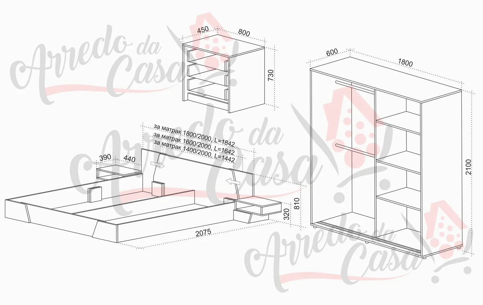 Camera da Letto Matrimoniale Completa Nera e Rovere Scuro con Armadio a 2 Ante Scorrevoli con Specchio Letto Matrimoniale 2 Comodini e 1 Comò CDLU33