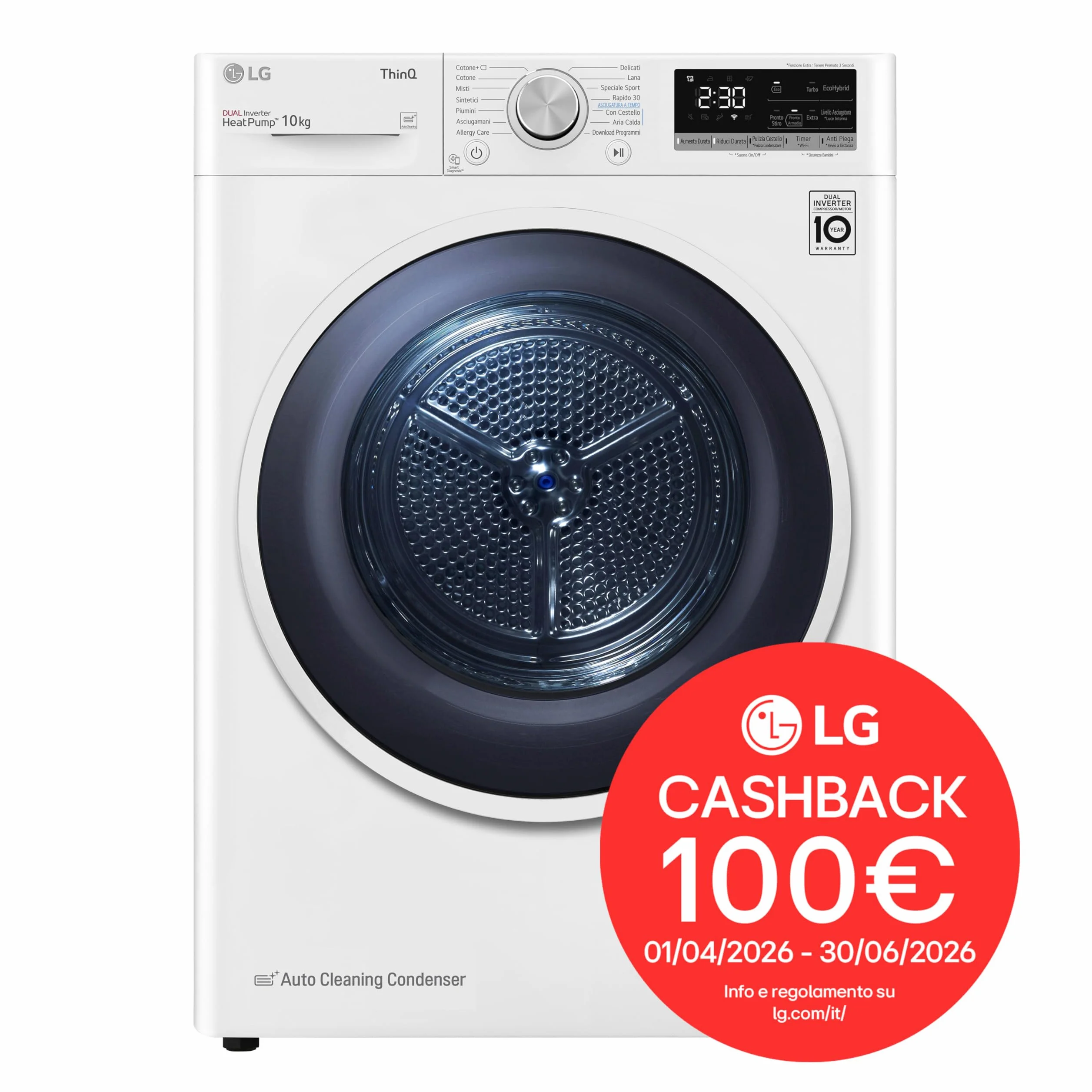 LG RH10V9AV4W Asciugatrice Smart a Carica Frontale 10kg, Serie V9, Classe C, Condensazione con Pompa di calore DUAL Inverter, Eco Hybrid, Condensatore autopulente, Allergy Care, Wi-Fi, Bianca