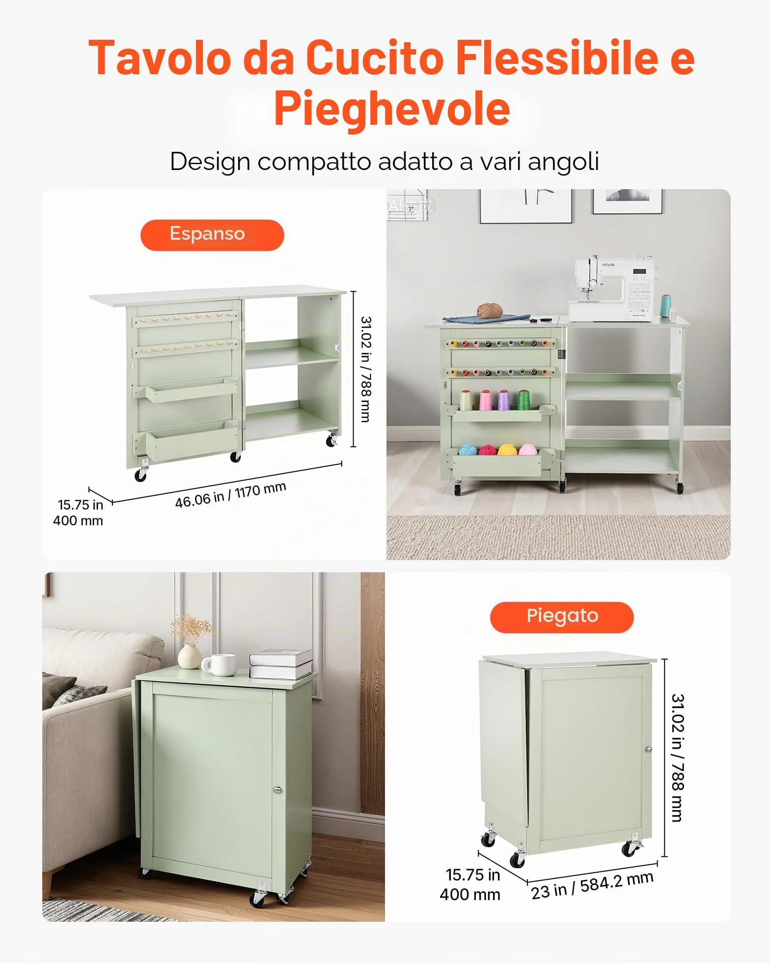 VEVOR Pieghevole Tavolo da Cucito per Macchina da Cucire 18,7 kg Verde Chiaro