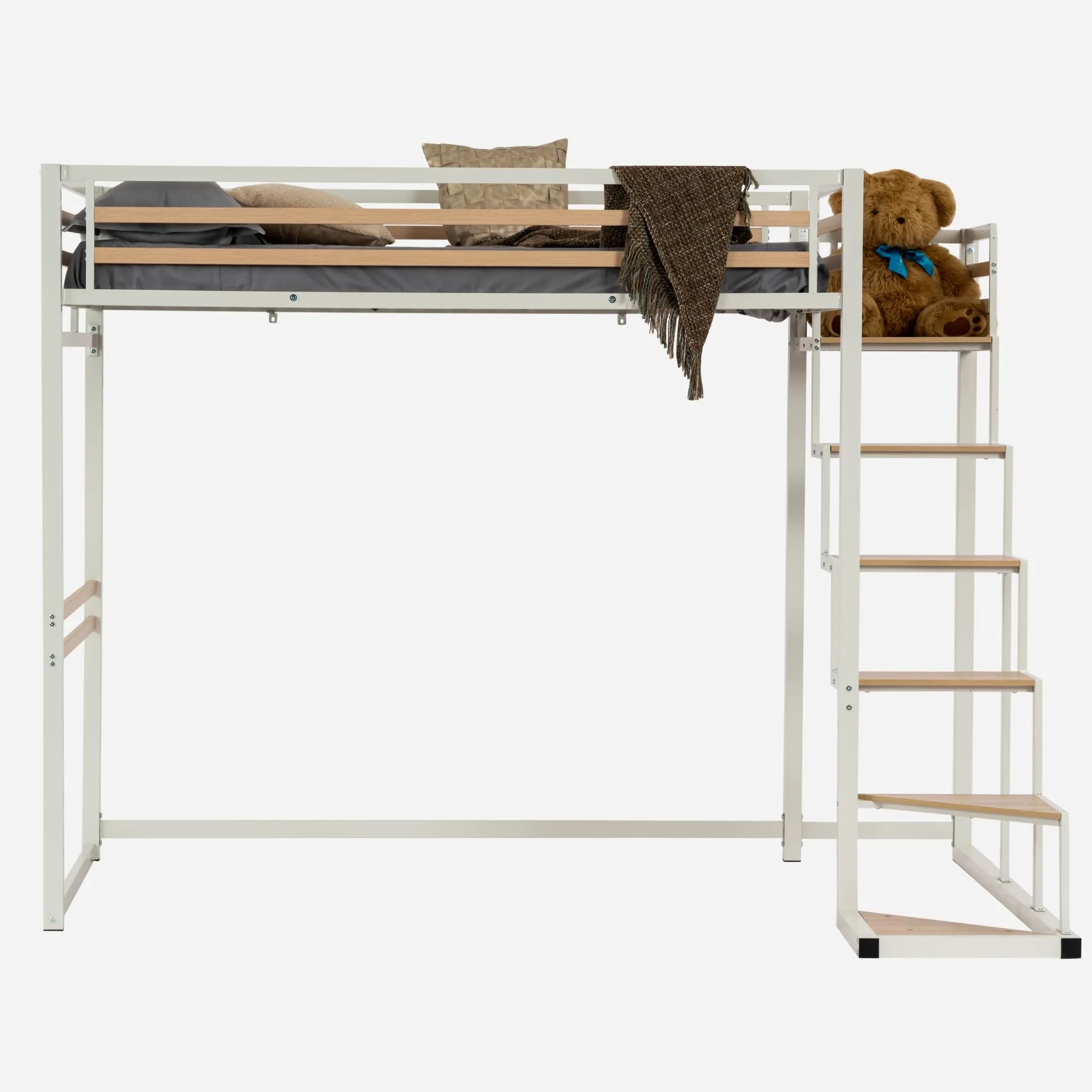 MEUBLE COSY Letto a Soppalco 140 x 200 cm con Rete a Doghe in Legno di Ingegneria e Metallo, Stile industriale, Letti per Camerette, Adulti, Bambini, Casa, Bianco+Quercia