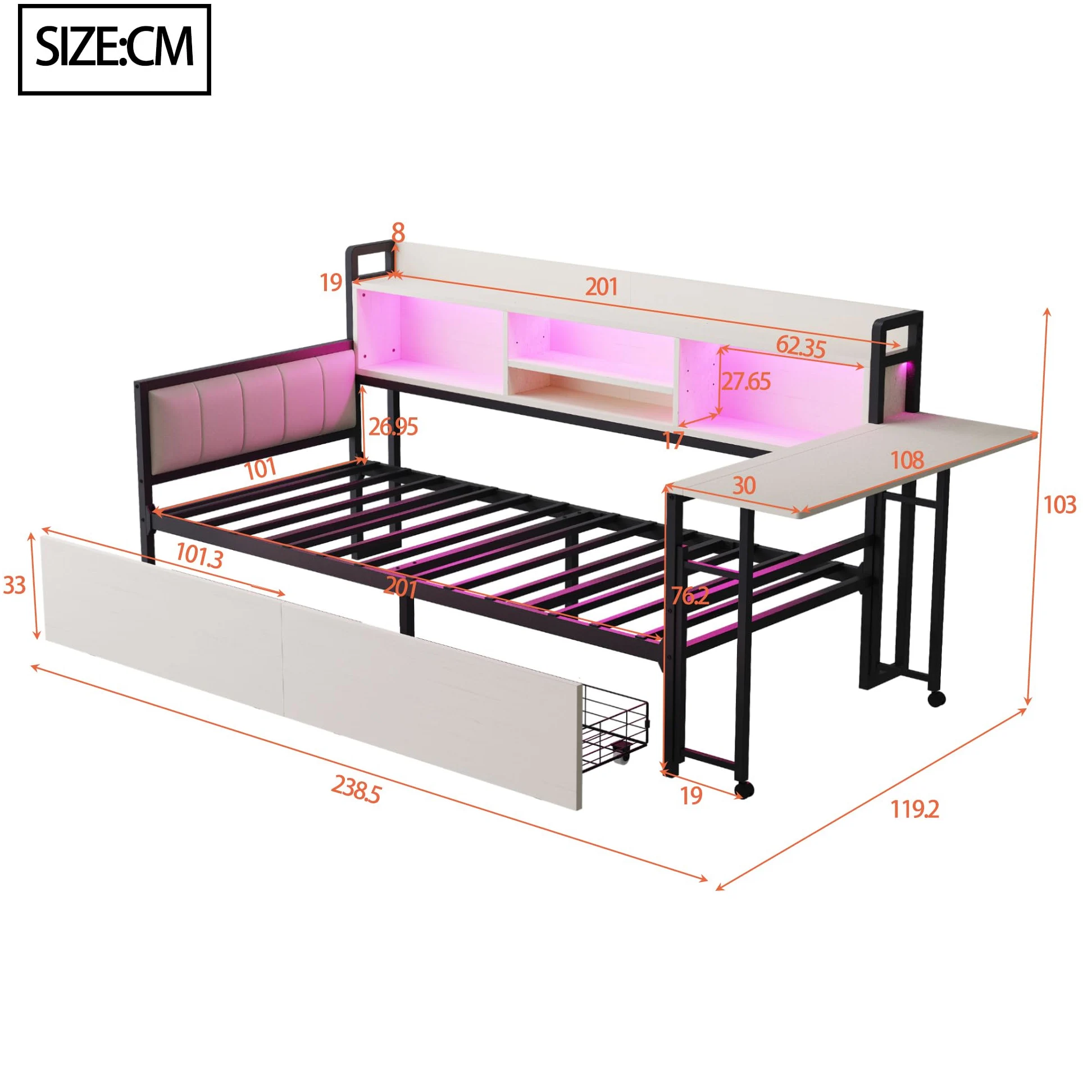 Lcoho Divano letto in ferro 90 x 200 cm, con illuminazione a LED e spazio di archiviazione, con cassetti e presa multifunzionale, scrivania pieghevole, schienale morbido, letto singolo (bianco)