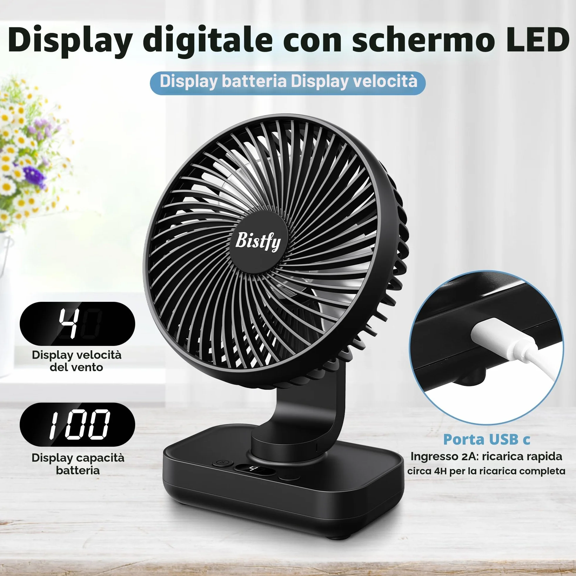 Ventilatore da Tavolo Ultra-Silenzioso, 120° di Oscillazione, 90° di Inclinazione Della Testa Regolabile, 14cm Digitale a 4 Velocità 4500mAh Ventilatore da Scrivania Portatile USB Ricaricabile