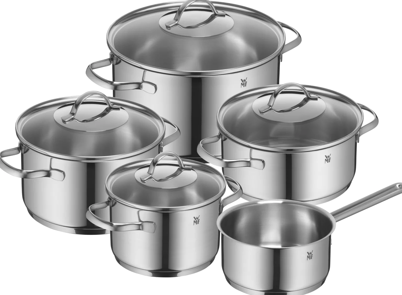 WMF Provence Plus, Set Pentole Acciaio Inox 18/10 Lucido, con Coperchio in Vetro, Scala Graduata Interna, Adatto a Cottura su Gas, Induzione e Forno, Resistenti Fino a 250°C, Lavabili in Lavastoviglie