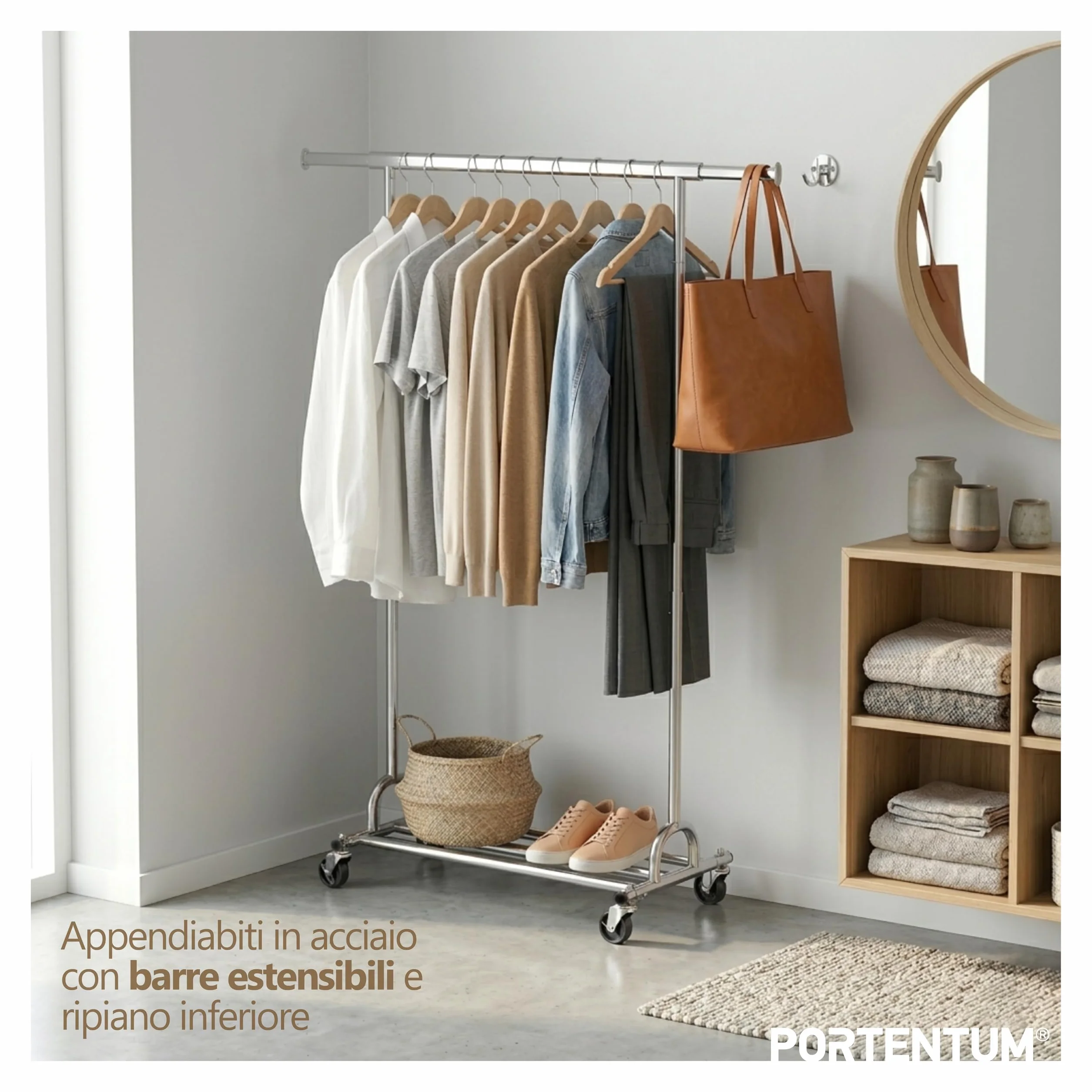 PORTENTUM Stand appendiabiti da terra robusto estensibile con ruote e freni – Fino a 180 kg – Porta abiti in acciaio 45 x (92-132) x 161,5 cm – Ripiano inferiore