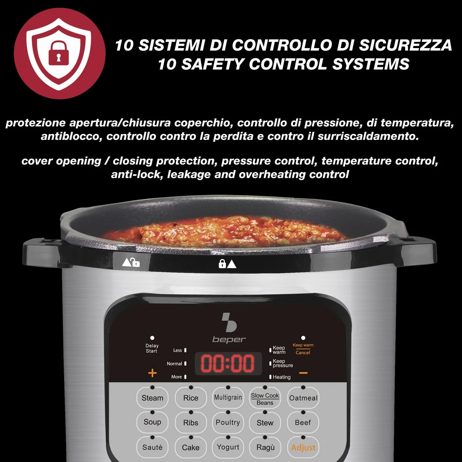 BEPER P101COS002 Pentola Multicooker a Pressione 6 Litri 1000W 15 Programmi Slow Cooker Timer 24h