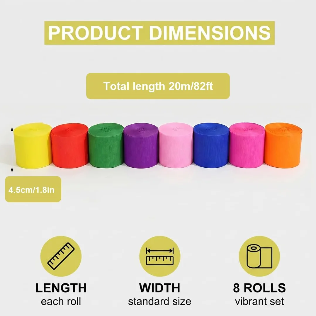 Carta Crespa Arcobaleno 8 Rotoli 4,5cm x 25m Decorazioni per Feste