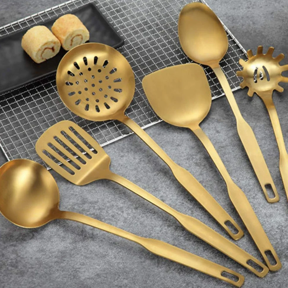 Set di Utensili da Cucina, Set di Utensili da Cucina da 6 Pezzi, Con Foro per Appendere Spatola Resistente al Calore in Acciaio Inossidabile/ Pala Fessura/ Servitore per Noodle