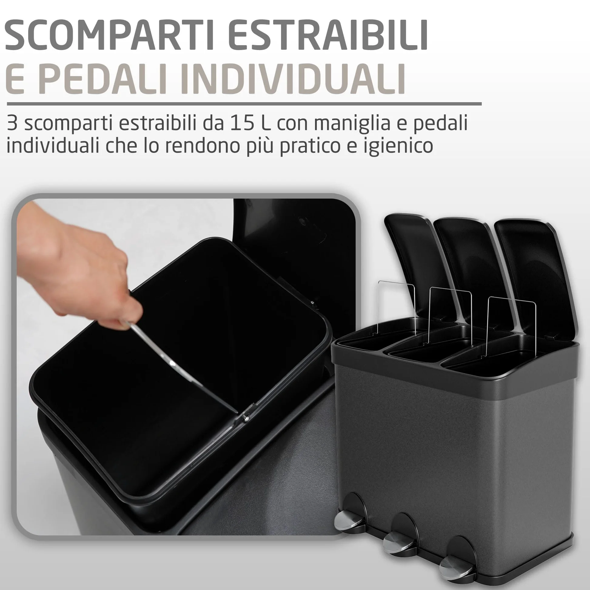 Amig - Pattumiera tripla con pedali 45 litri Mod. RECIK3-3 scomparti estraibili da 15 litri - Pattumiera per raccolta differenziata da cucina - Acciaio - Dimensioni: 60 x 37 x 49 cm - Nero opaco