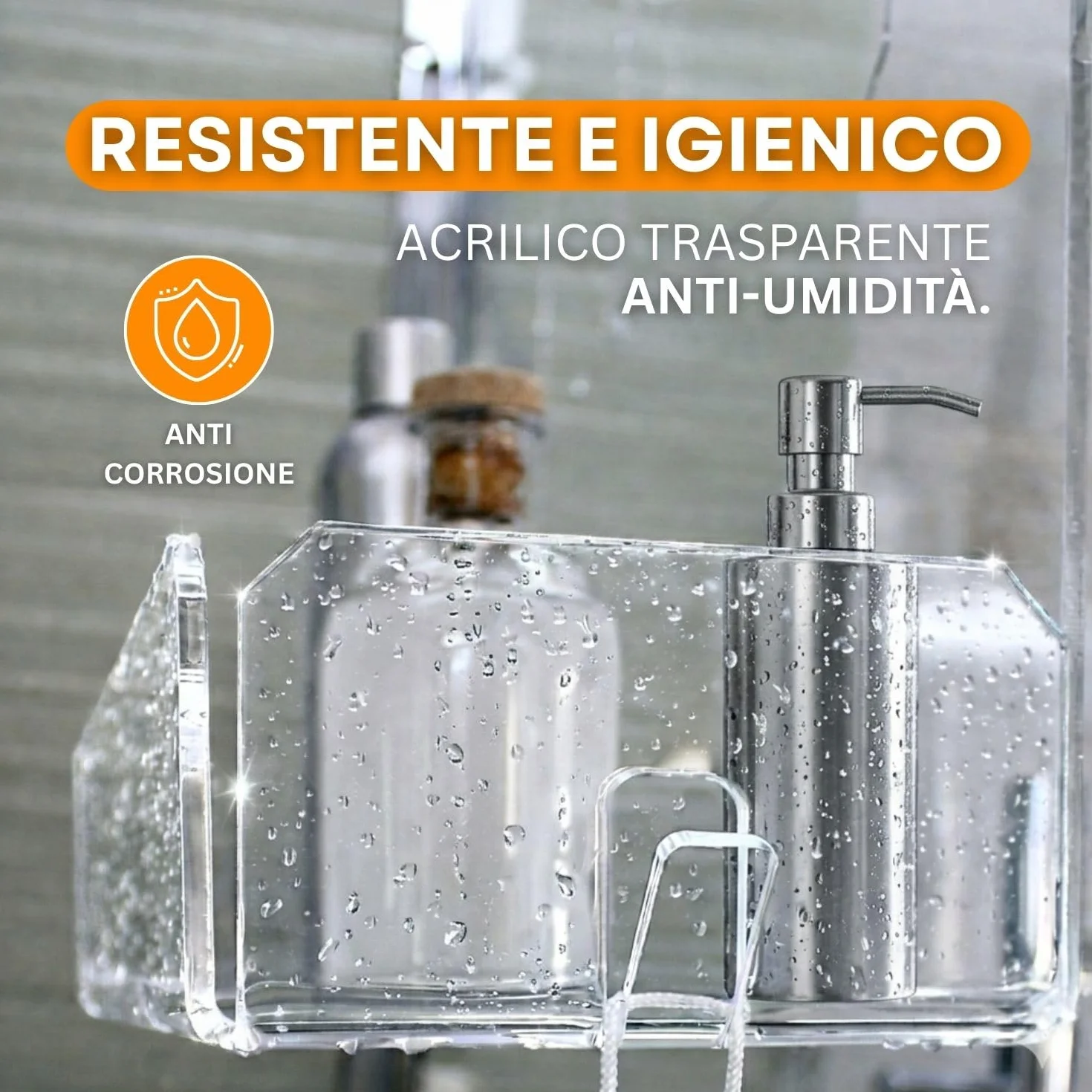 AGPLEX Porta Shampoo Doccia in Vetro Acrilico, Porta Sapone Monoblocco per Doccia, Spessore Box 6-15mm Made in Italy