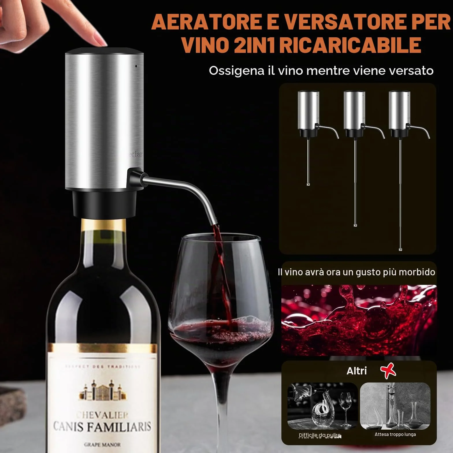 Cavatappi Professionale Elettrico per Vino, Apribottiglie 4 in 1 Ricaricabile con Versatore Automatico, Taglierina per Lamine, Tappi Sottovuoto