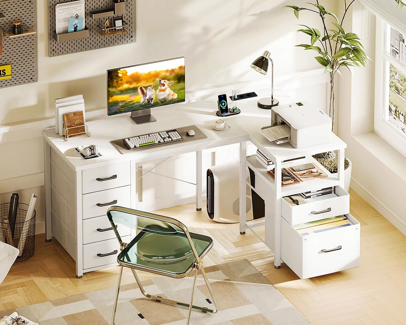 Coleshome Scrivania Angolare con Tessuto Cassetti, 140x80cm Reversibile Scrivania a l con Cassetto Portadocumenti, Scrivania per Computer con Porta di Ricarica USB e Presa di Corrente, Bianco