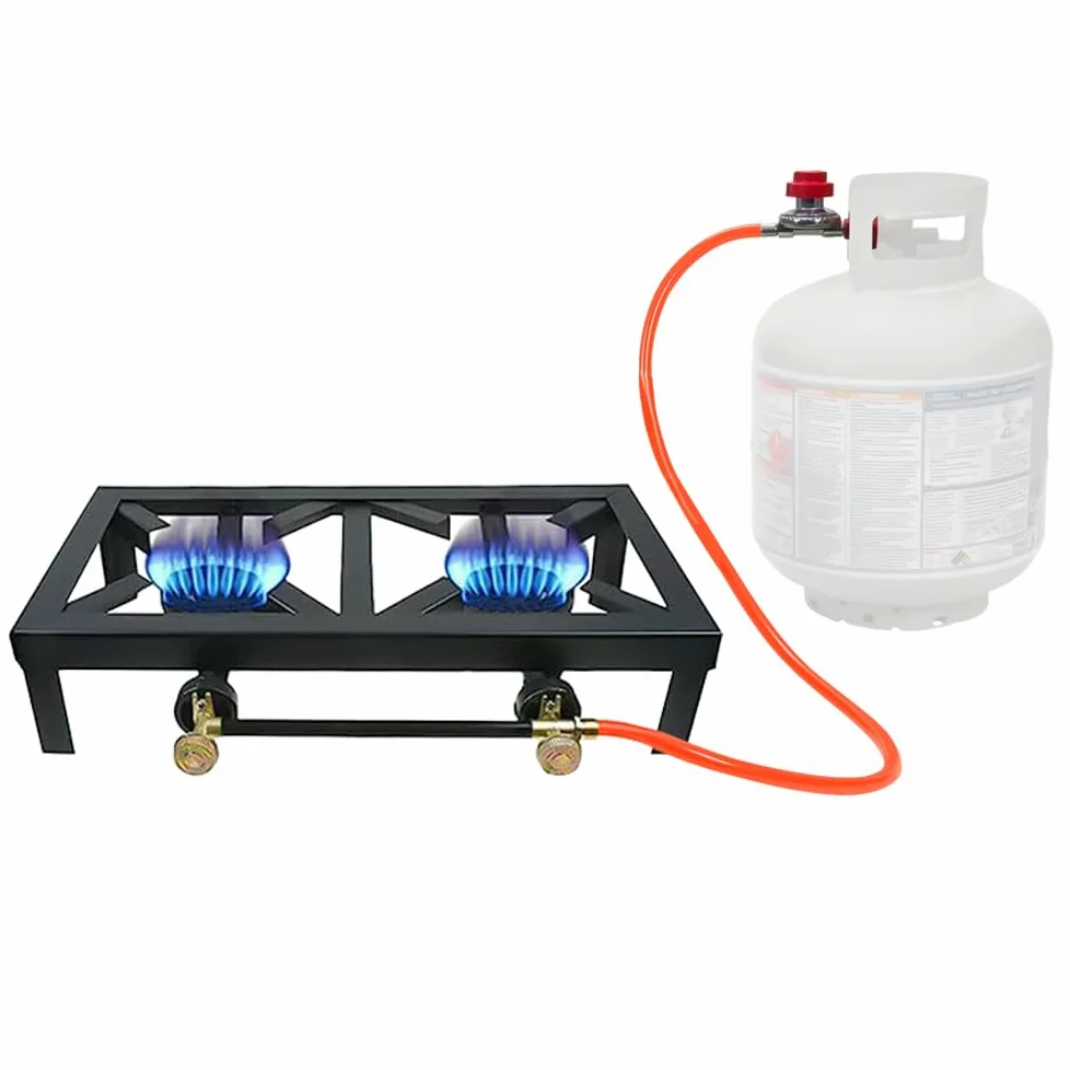 Fornello a Gas da Campeggio con 2 Fuochi,Gas Ghisa 6 KW Con tubo da 1,5 m riduttore pressione da 50 bar per Escursionismo Picnic
