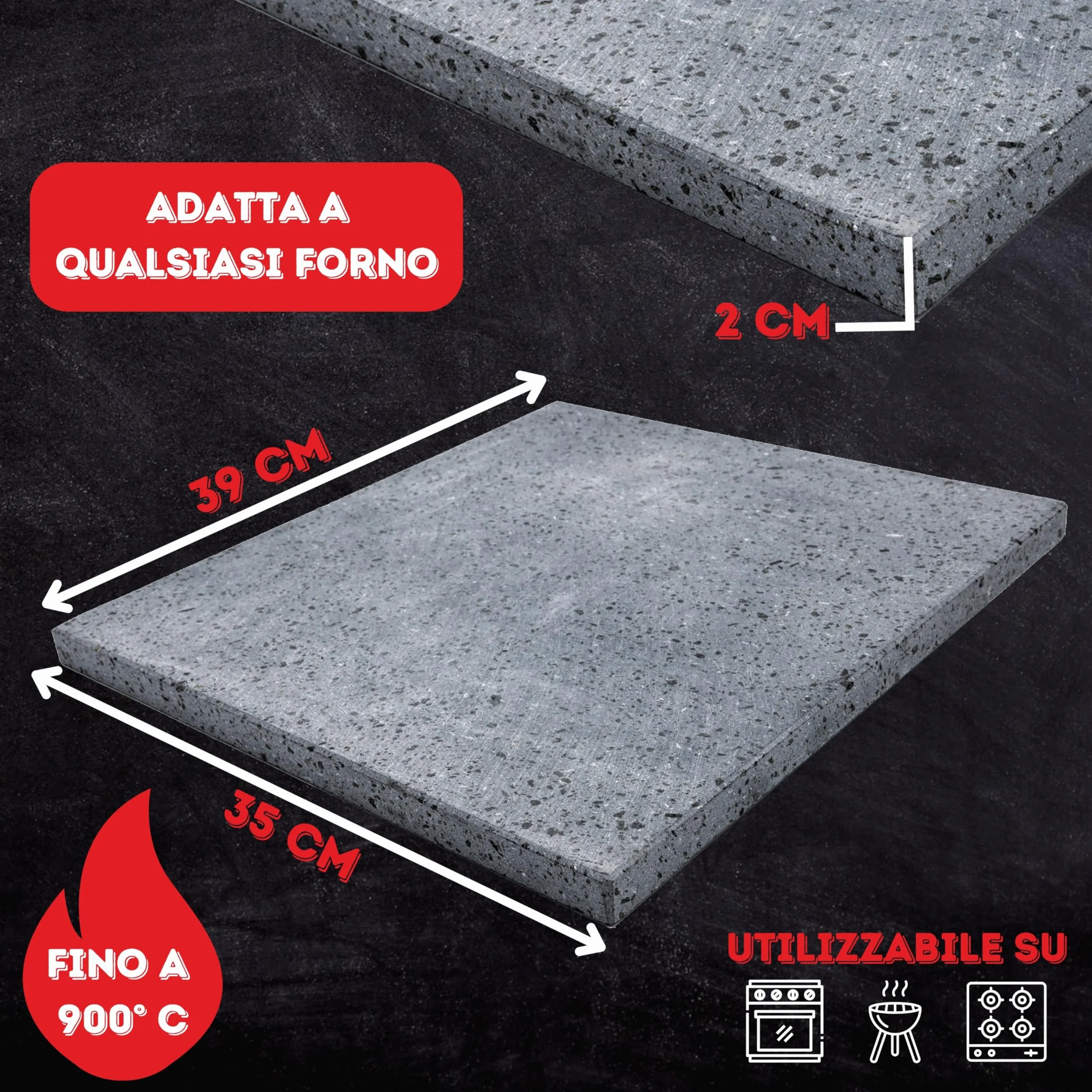 CUORE LAVICO Kit Pietra Refrattaria Lavica Etnea per Pizza 39x35x2 cm + Pala Forno Gas Elettrico Barbecue