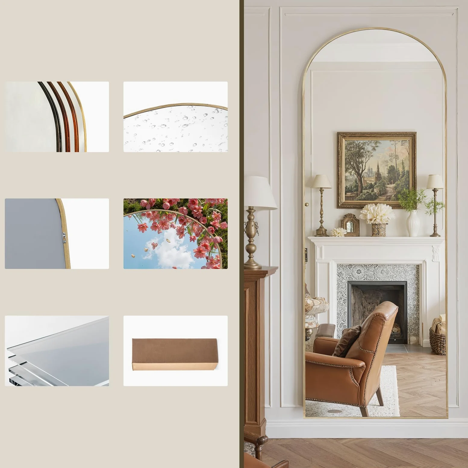 Reflix Specchio per tutto il corpo con arco, 161 x 52 cm, cornice in alluminio con finitura in teak, da appoggio, da appendere o da montare a parete, ideale per soggiorno e camera da letto