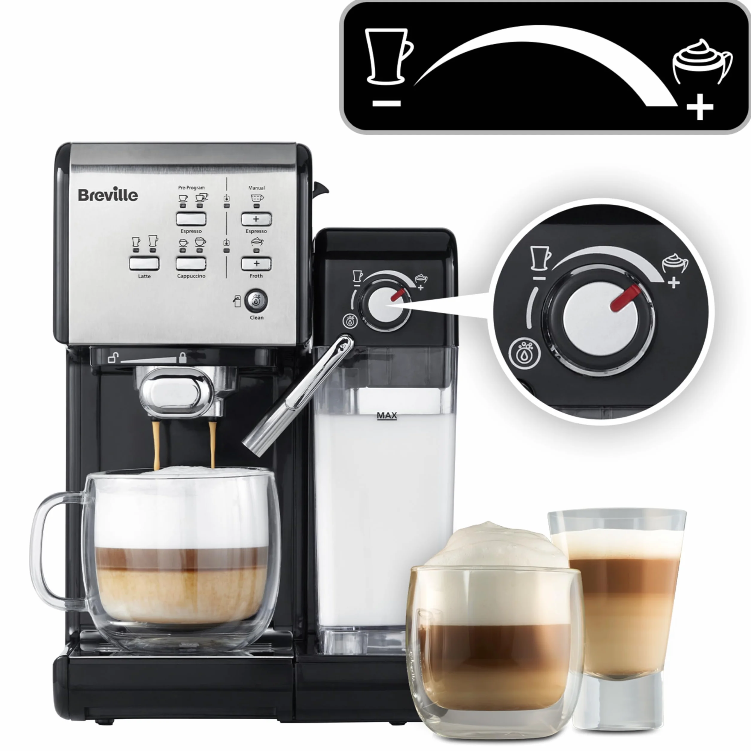 Breville Prima Latte II Espresso, Macchina per latte e cappuccino, Pompa professionale da 15 bar e montalatte, Argento VCF108X
