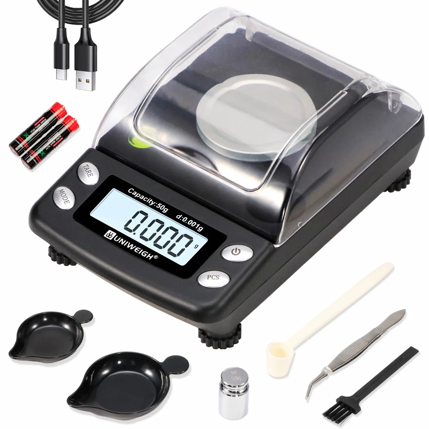 UNIWEIGH Bilancia digitale Milligrammi accurata 0.001g/50g, Bilancia mg di precisione per polvere/oro/gemma,Bilancia Micro Gram con 6 unità,tara,peso Cal,scala tascabile con USB & batteria alimentata