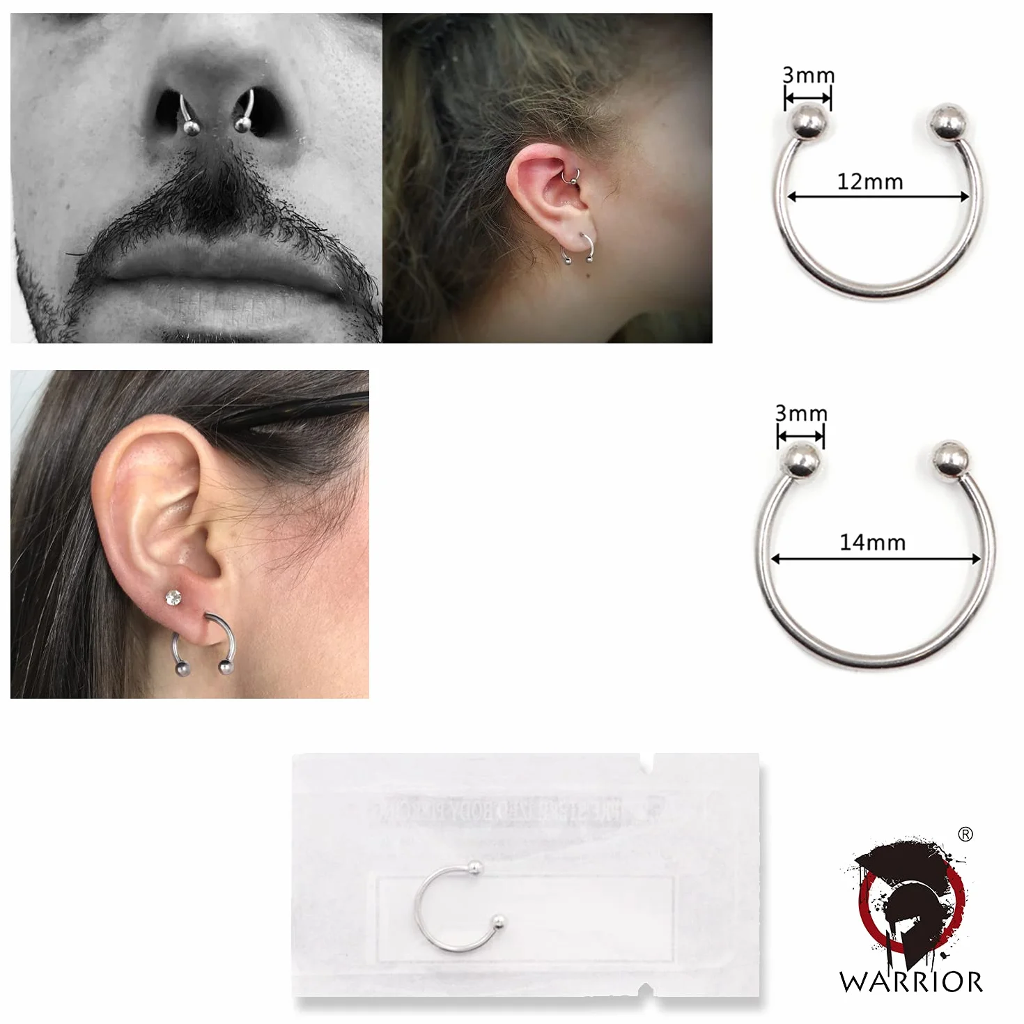 WARRIOR Ferro di Cavallo Circular Barbell Trago Helix Septum Orecchio Acciaio Chirurgico 316L 16G (1,2mm) Body Piercing Gioielli