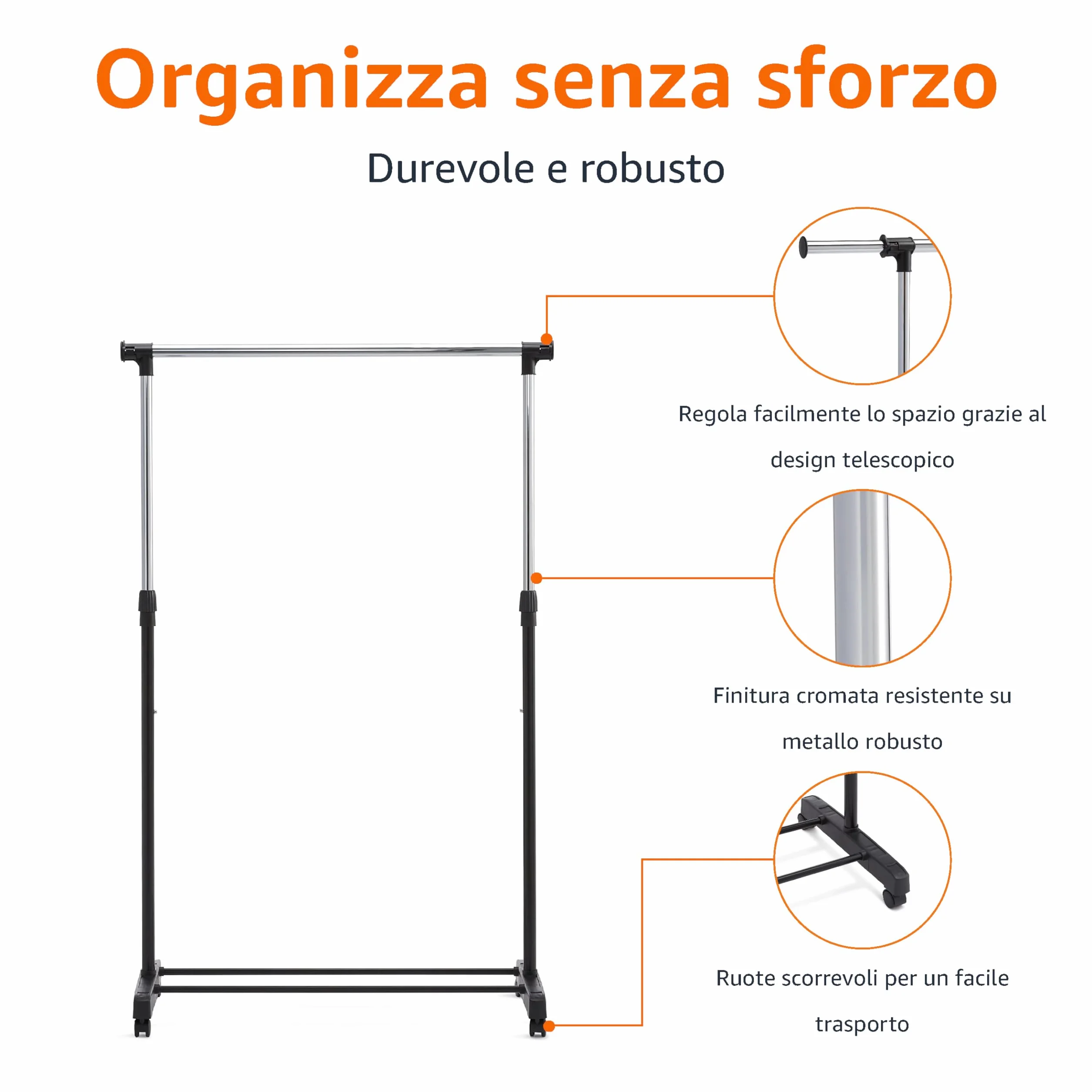 Amazon Basics Appendiabiti con ruote cromo 91.5-145 x 42 x 161 cm