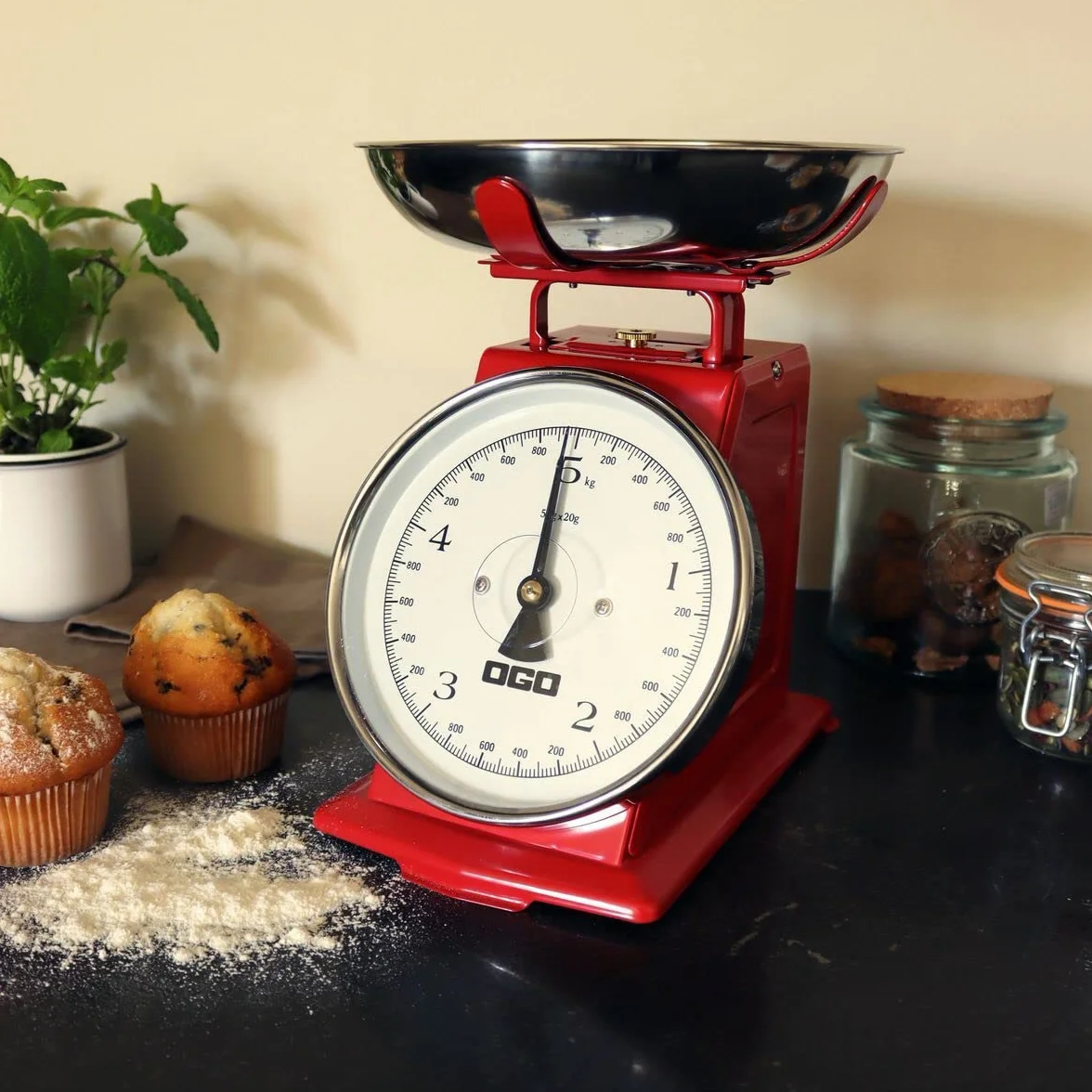 OGO LIVING - bilancia da cucina meccanica - 7915011 - pesa fino a 5 kg, graduazione 20 g - rosso