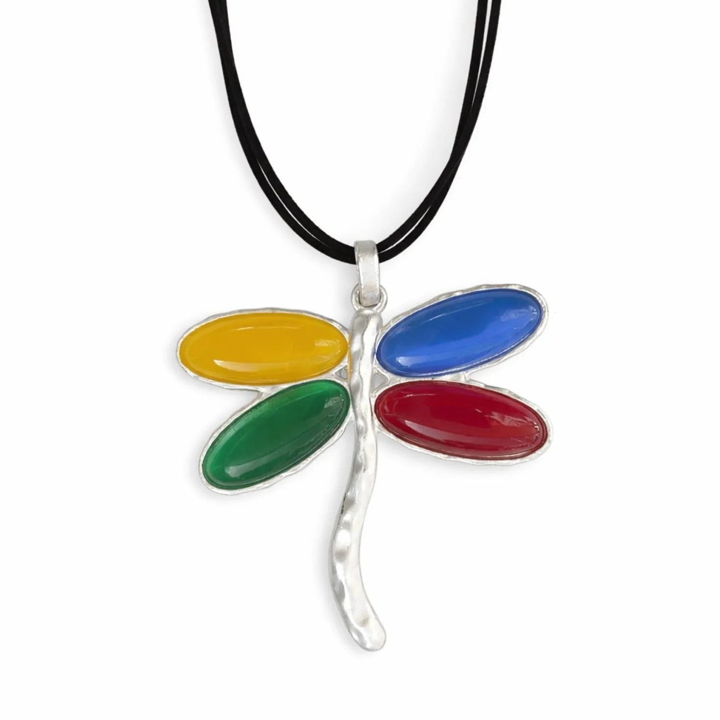 Ciondolo a forma di libellula Donna in zama Placcato Argento e Resina Collana lunga Nera Regolabile con Ciondolo Protettivo Multicolore