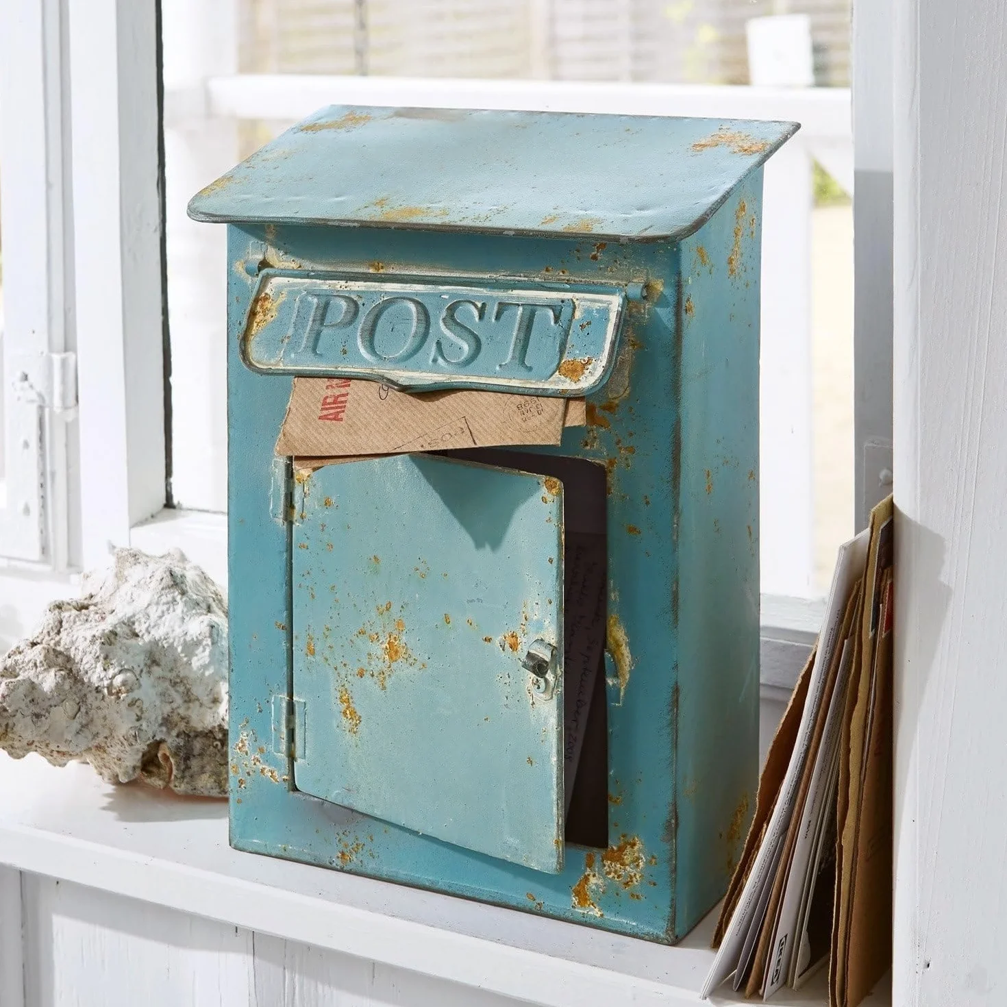 LOBERON Boîte Postale Cassetta della Posta - con Fessura e sportello per estrarre la Posta - Ferro con Finitura Anticata, Blu Antico