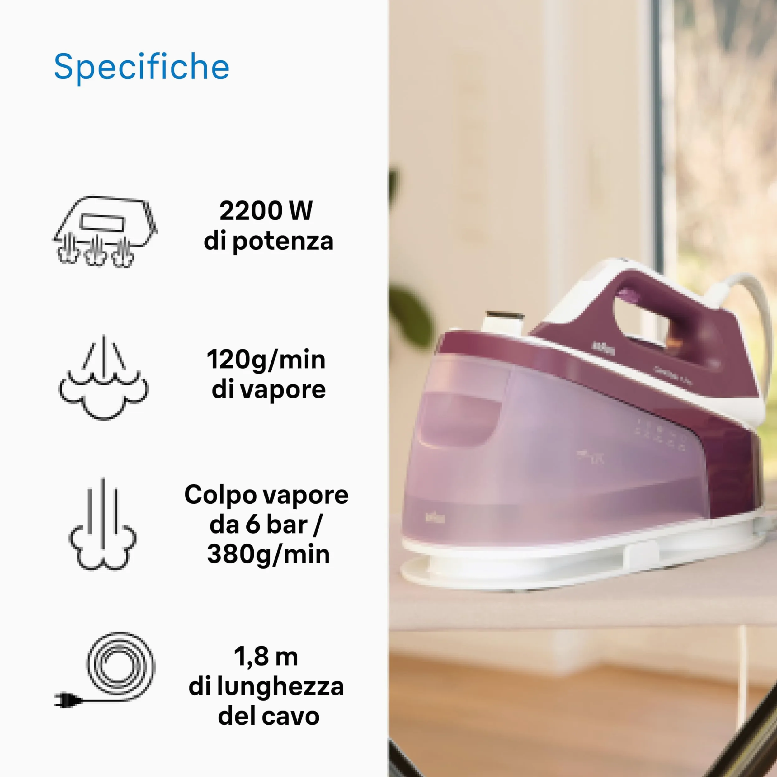 Braun CareStyle 1 Pro – Sistema Stirante a Vapore con Caldaia, Ferro da Stiro con Potente Getto Vapore, Piastra FreeGlide 3D, Serbatoio 1,7 L, Stiratura Veloce ed Efficiente, Viola (IS1514VI)