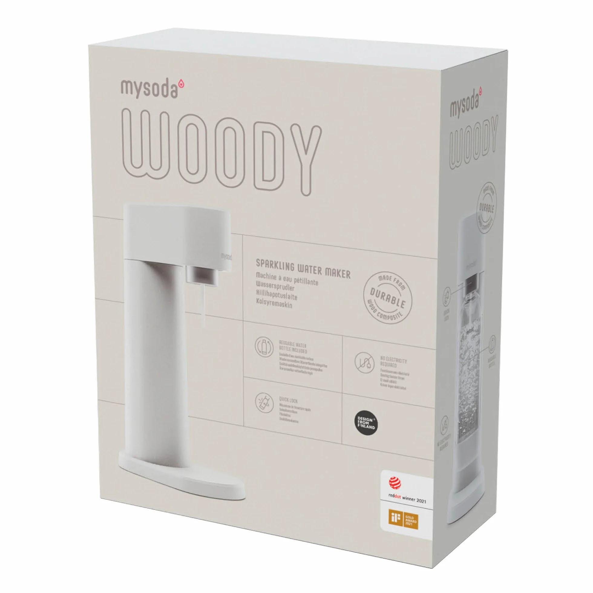 Mysoda Woody - Gasatore d’acqua per l’acqua frizzante in materiale composito di legno con bottiglia in PET e bombola CO2 inclusa - Blanco