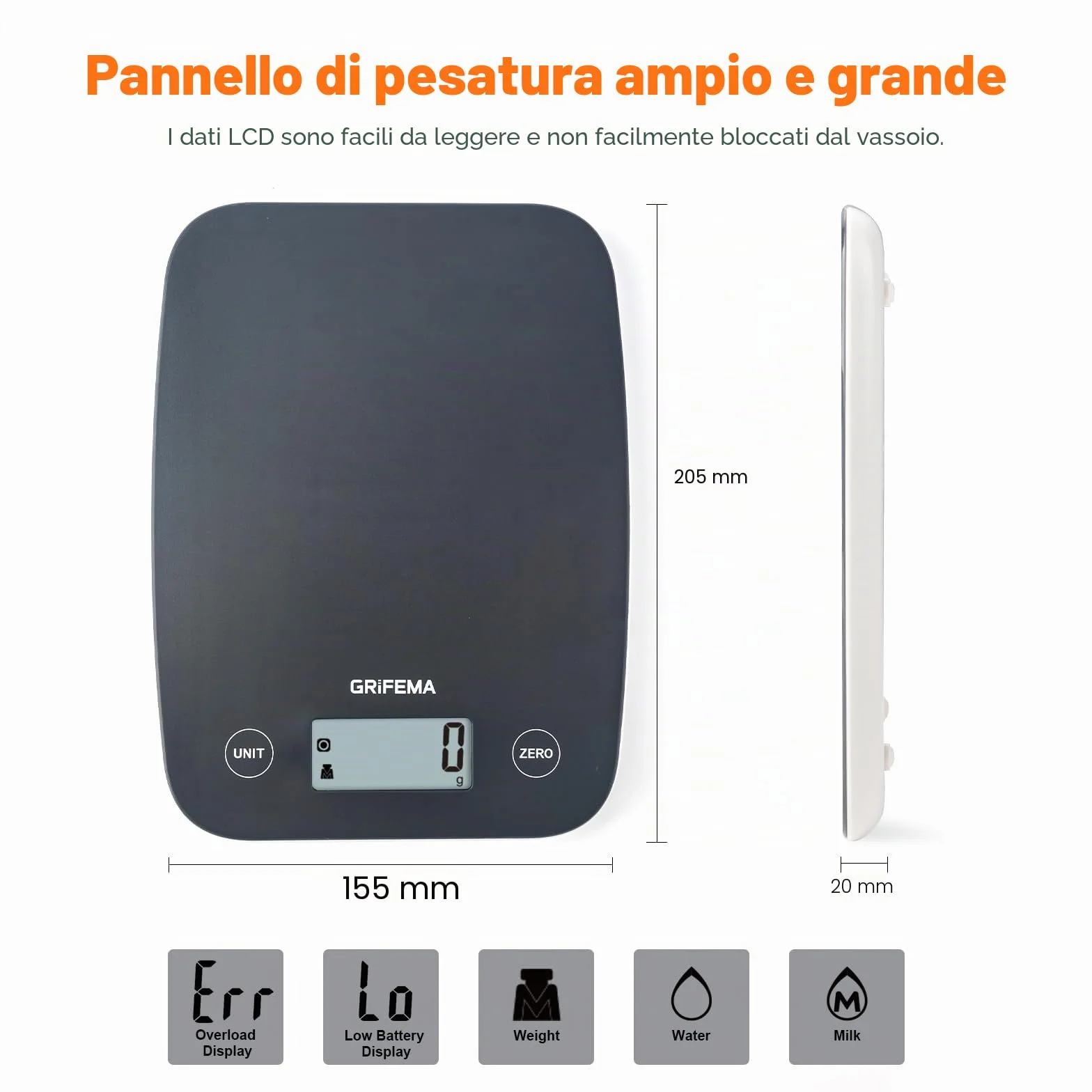 GRIFEMA GA2004 Bilancia da cucina con display LCD, bilancia alimentare multifunzione 5 kg (1 g esatto) per cuocere al forno e cucinare, 2 batterie incluse