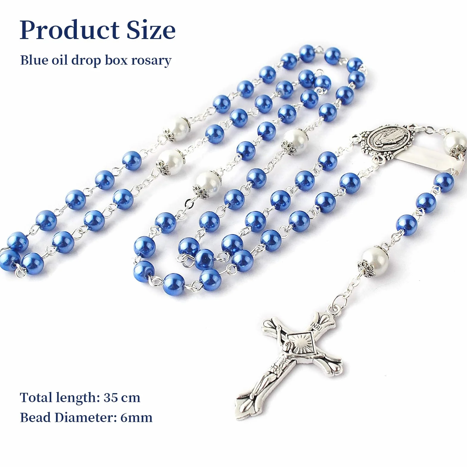 Rosario cattolico con grani di Vetro da 6 mm e grani del Padre Nostro da 8 mm, Collana con Scatola Regalo in Metallo, Rosario Blu per Prima Comunione e Personalizzato