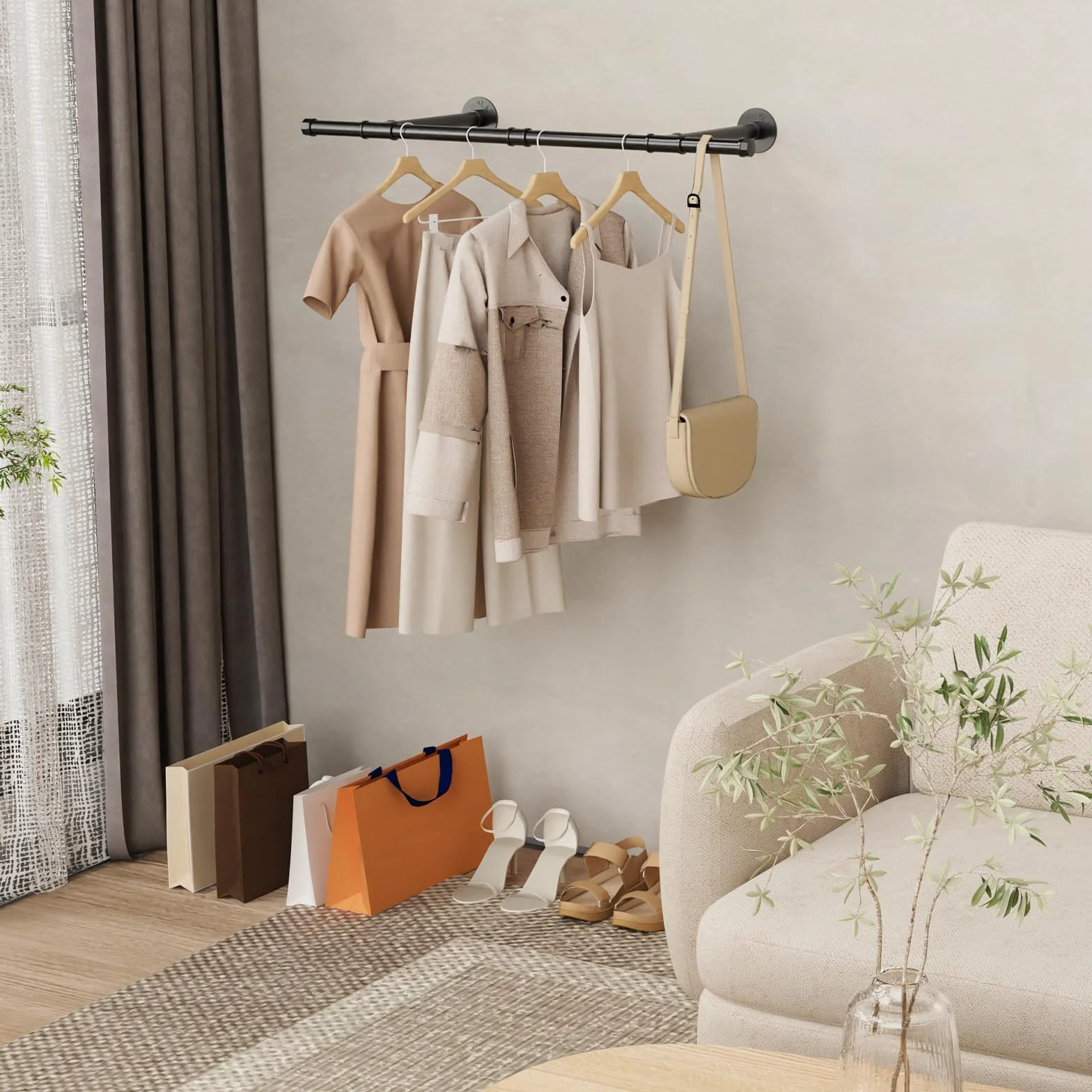 Barra Appendiabiti da Parete, Attaccapanni da Muro per Tubo Industriale 90 cm, Porta Abiti da Camera in Metallo Resistente per Balconi e Camere da Letto, 1 Pezzo, Nero
