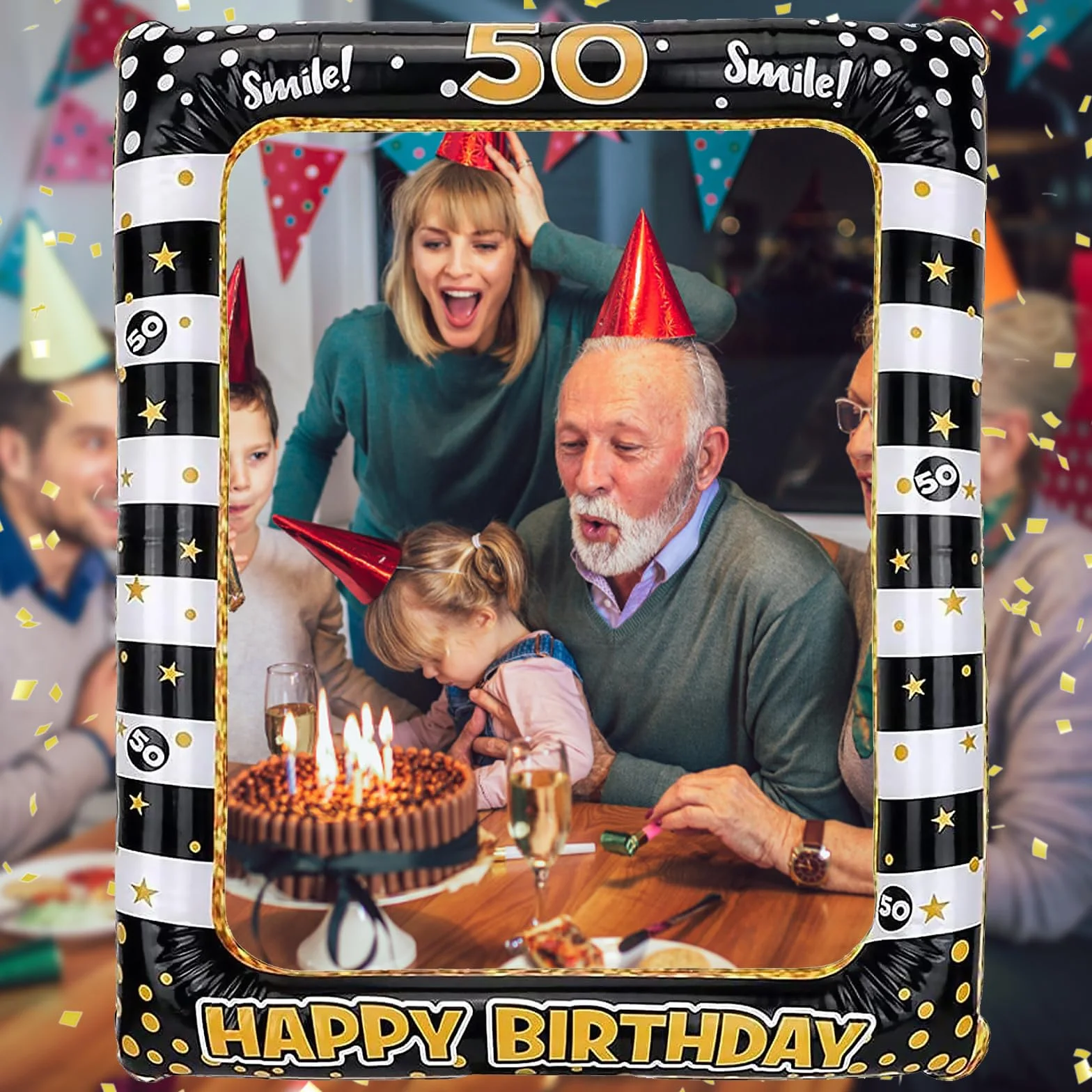Cornice Portafoto Gonfiabile 50 Anni 71 x 58 cm Oro Compleanno Photo Booth Props