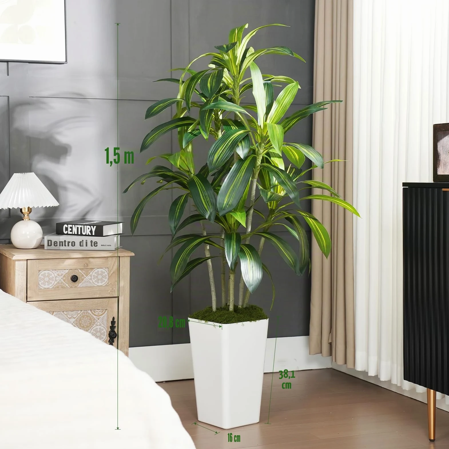 Pianta Artificiale Dracaena da 150cm Piante Finte da Interno Con Fioriera Alta Bianca Piante Artificiali da Esterno Per Soggiorno Camera da Letto Ufficio Casa Corridoio Decorazione (1Pz)