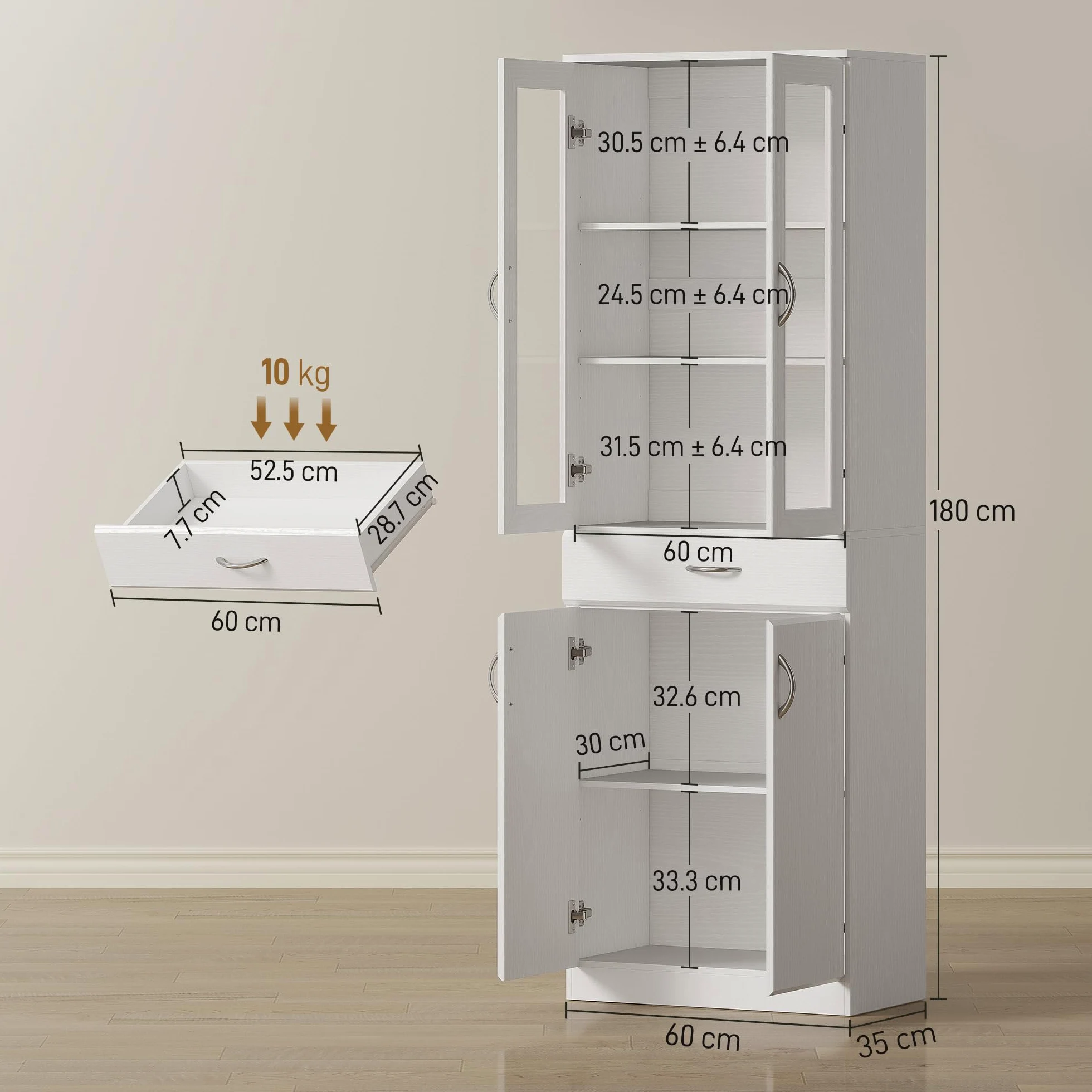 HOMCOM Credenza Cucina Alta 180cm, Mobile Dispensa con Ante in Vetro Soft-Close, Cassetto, 2 Armadietti, Ripiani Regolabili, Mobile Cucina Moderno per Sala da Pranzo Soggiorno, Bianco