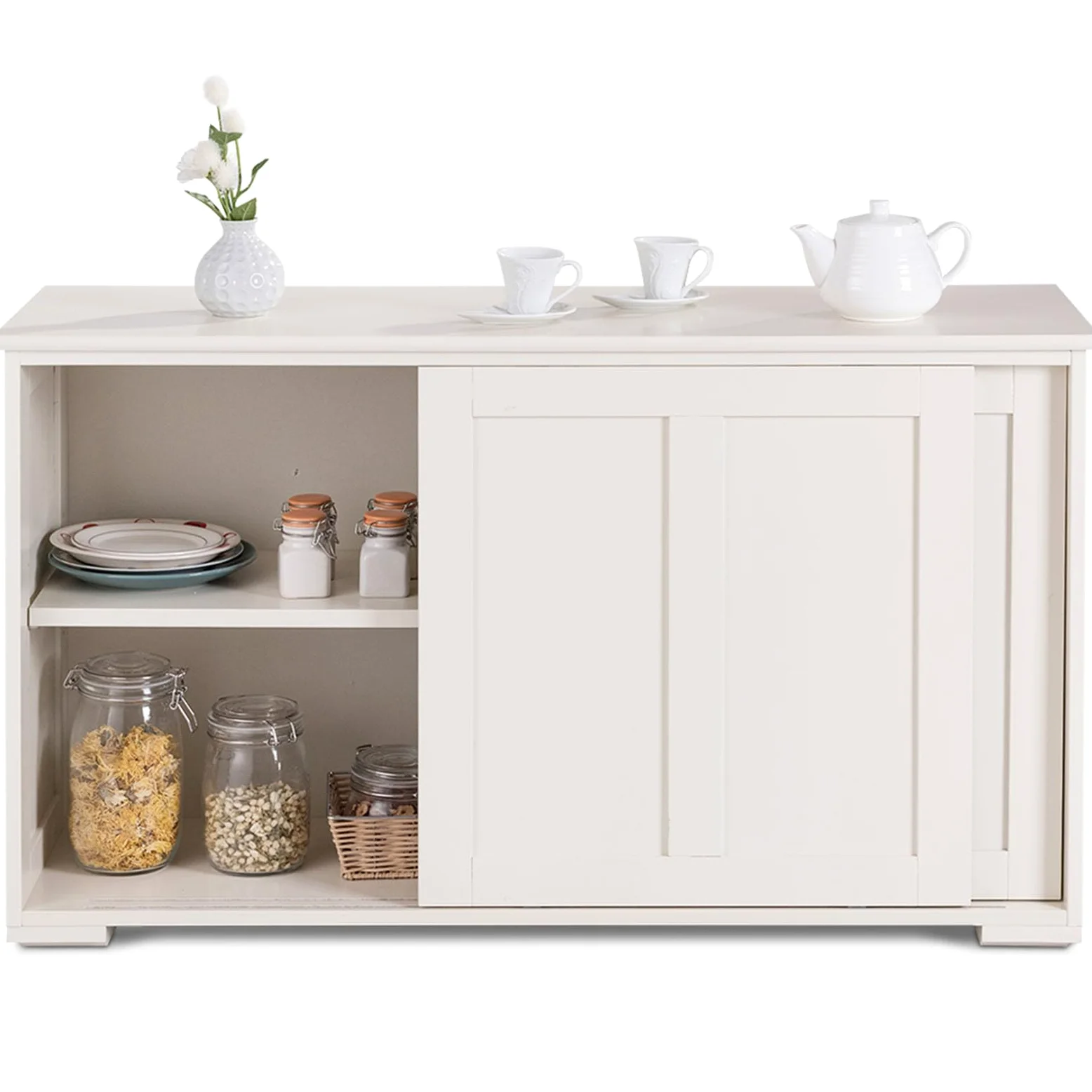 COSTWAY Armadietto da Cucina Mobiletto per Cucina Composto da 2 Porte Scorrevoli Dimensioni: 106,5 x 33 x 60 cm (Crema)