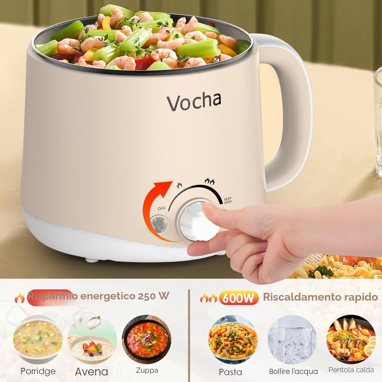 Vocha Pentola Elettrica Antiaderente 1,6L con Keep Warm, Fornello da Viaggio Portatile, Multi-Cottura, Beige