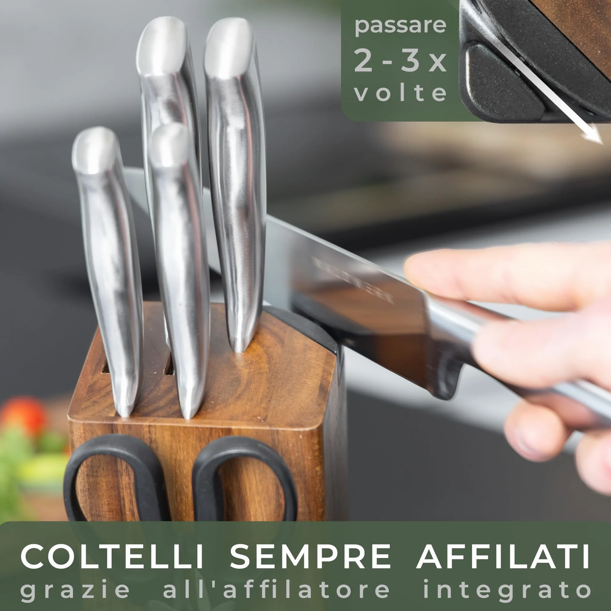 WALDWERK Blocco Coltelli - Set coltelli da cucina 7 pezzi con blocco porta coltelli e affilacoltelli integrato - ceppo coltelli da cucina - set coltelli da cucina professionali