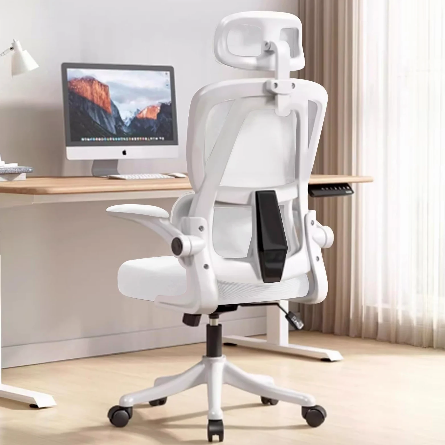 Sedia da Ufficio Ergonomica - Bianco | Sedia da Scrivania Regolabile con Schienale Alto in Rete,Supporto Lombare,Braccioli Ribaltabili | Per Ufficio Domestico,Gaming,Studio