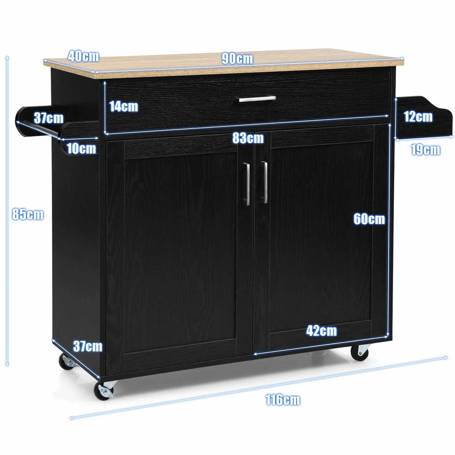 COSTWAY Carrello da Cucina con Ruote di Gomma, Scaffale per Microonde Carrello Servizio, Mobile Cucina con Ripiani e Ante, Credenza Cucina Legno Moderno Elegante, 116 x 37 x 85 cm (Nero)