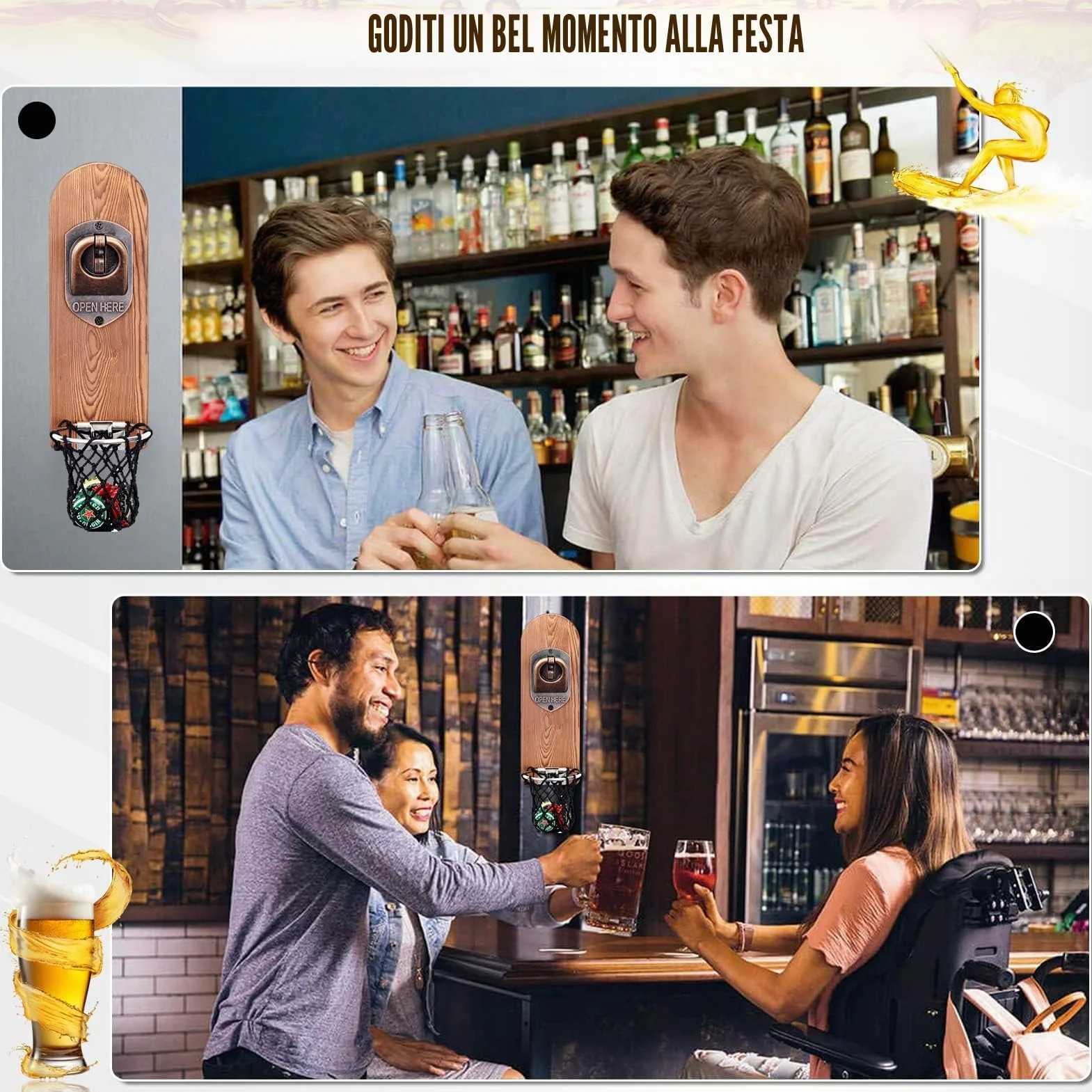 Apribottiglie Magnetico da Legno per Birra, Accessori Bar Esterno, Idee Regalo Uomo