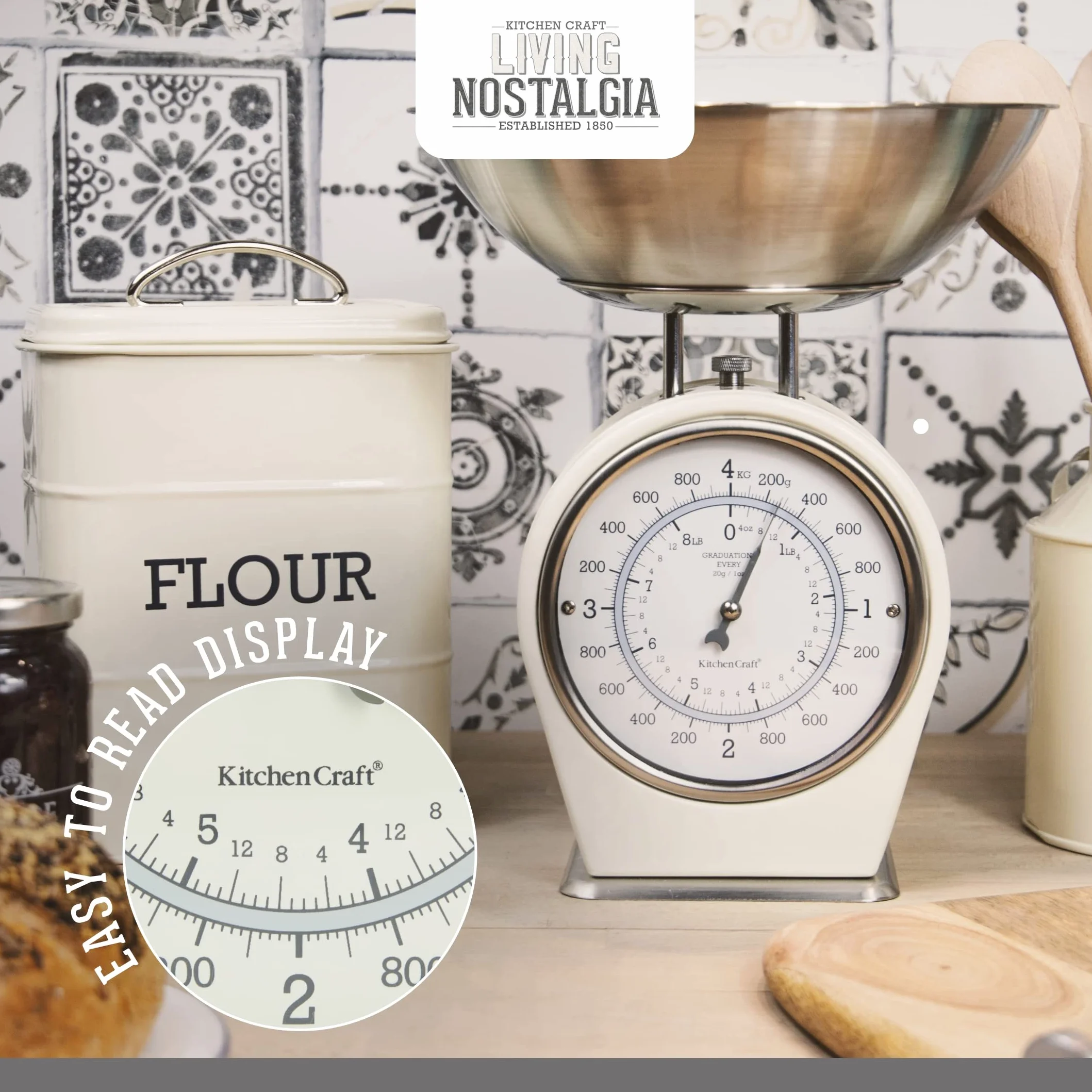 KitchenCraft Living Nostalgia Bilancia da Cucina Meccanica Analogica 4 kg Crema Antico