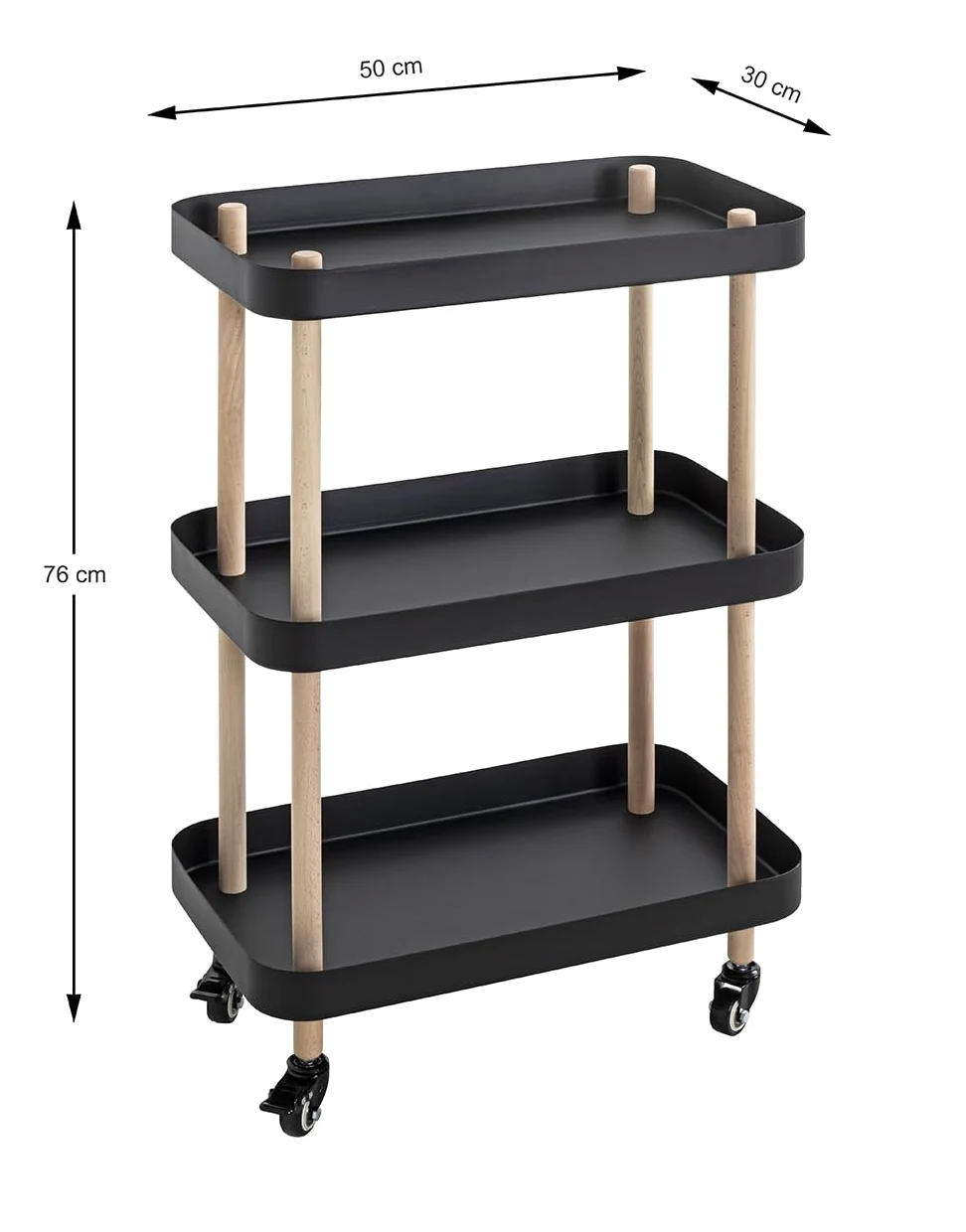 HAKU Tavolino in legno massello su rotelle naturale Base in metallo nero Tavolino da salotto su ruote - Dimensioni: L 50 x A 76 x P 30 cm Stile: Moderno