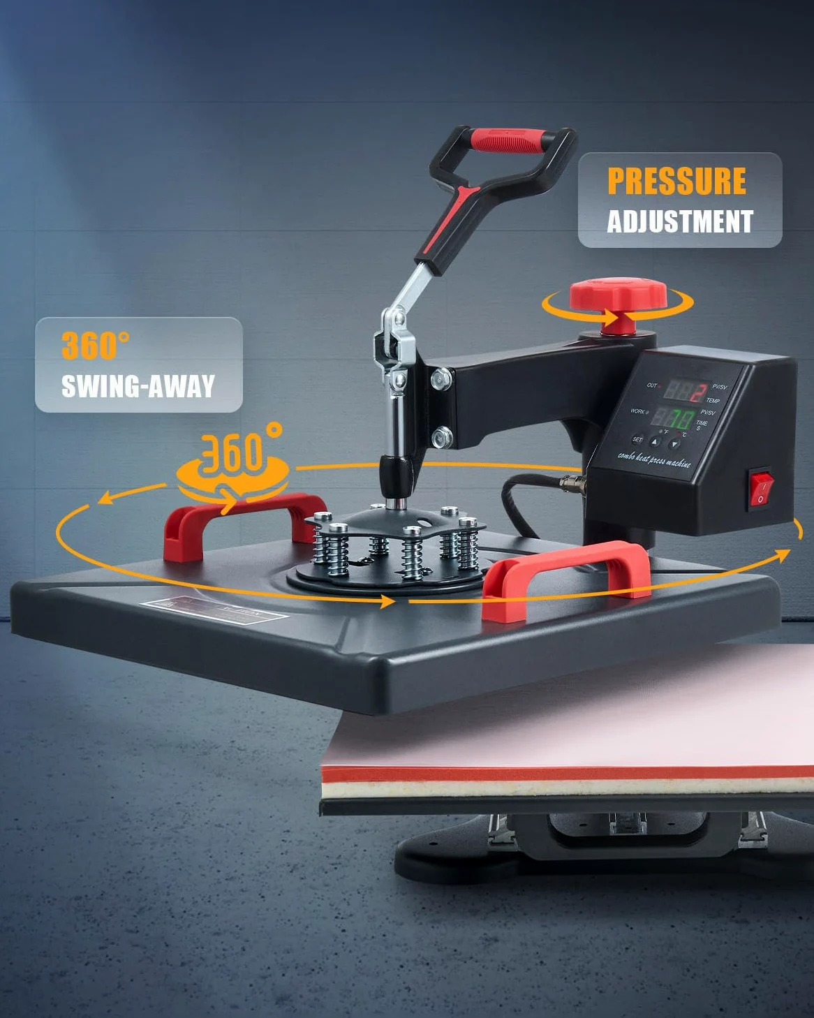 CREWORKS 8 IN1 Pressa a Caldo 38 X 38CM Pressa di Calore 1400W Macchina Sublimazione Digitale Girevole a 360 Gradi con Controllo Digitale Termopressa per Magliette, Cappelli, Borse, Piatto, Tazza