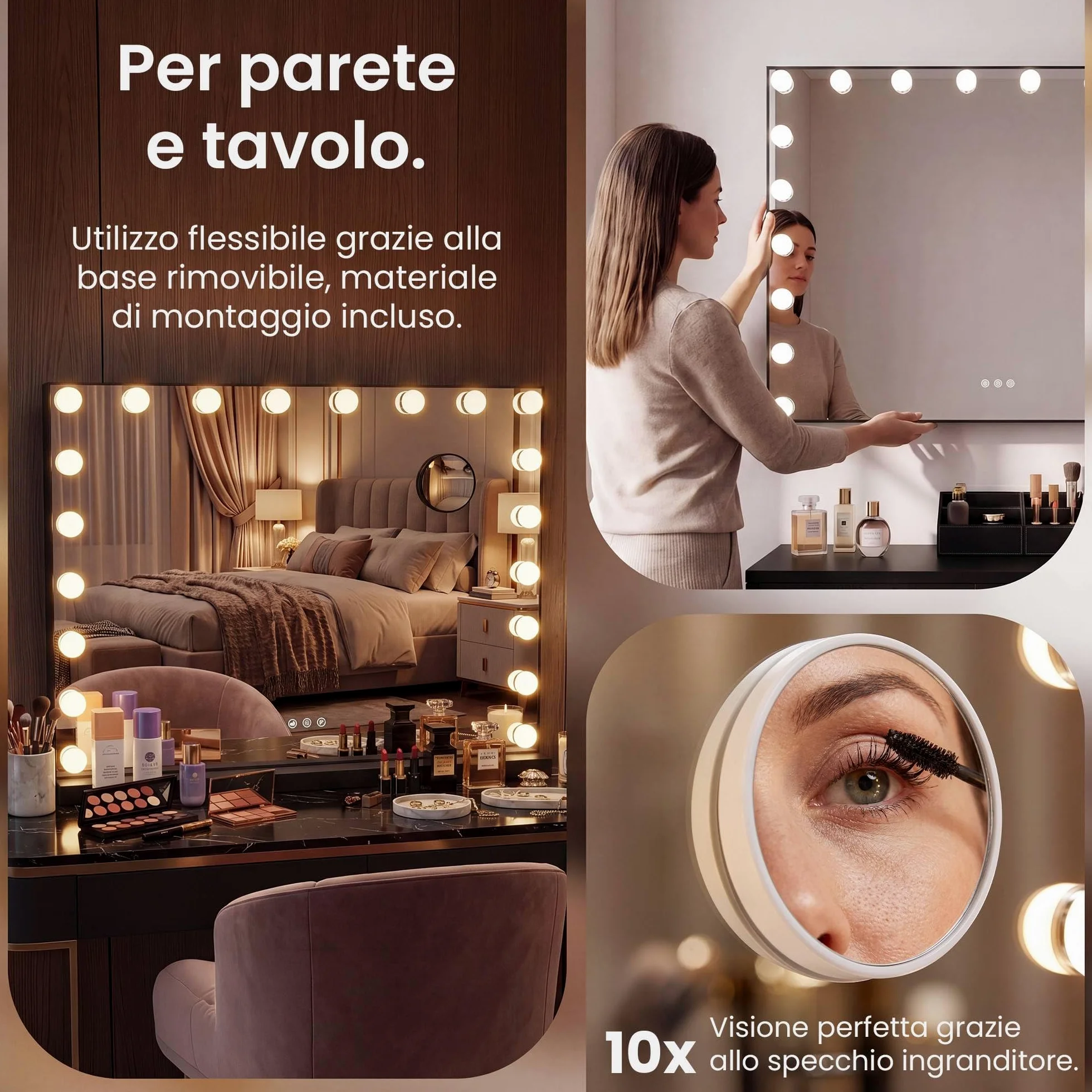 CLP Specchio Trucco Norlina 80x60 cm con Luci LED Dimmerabili, 3 Modalita di Illuminazione e USB. Specchio Hollywood da Parete o da Tavolo, Colore:nero