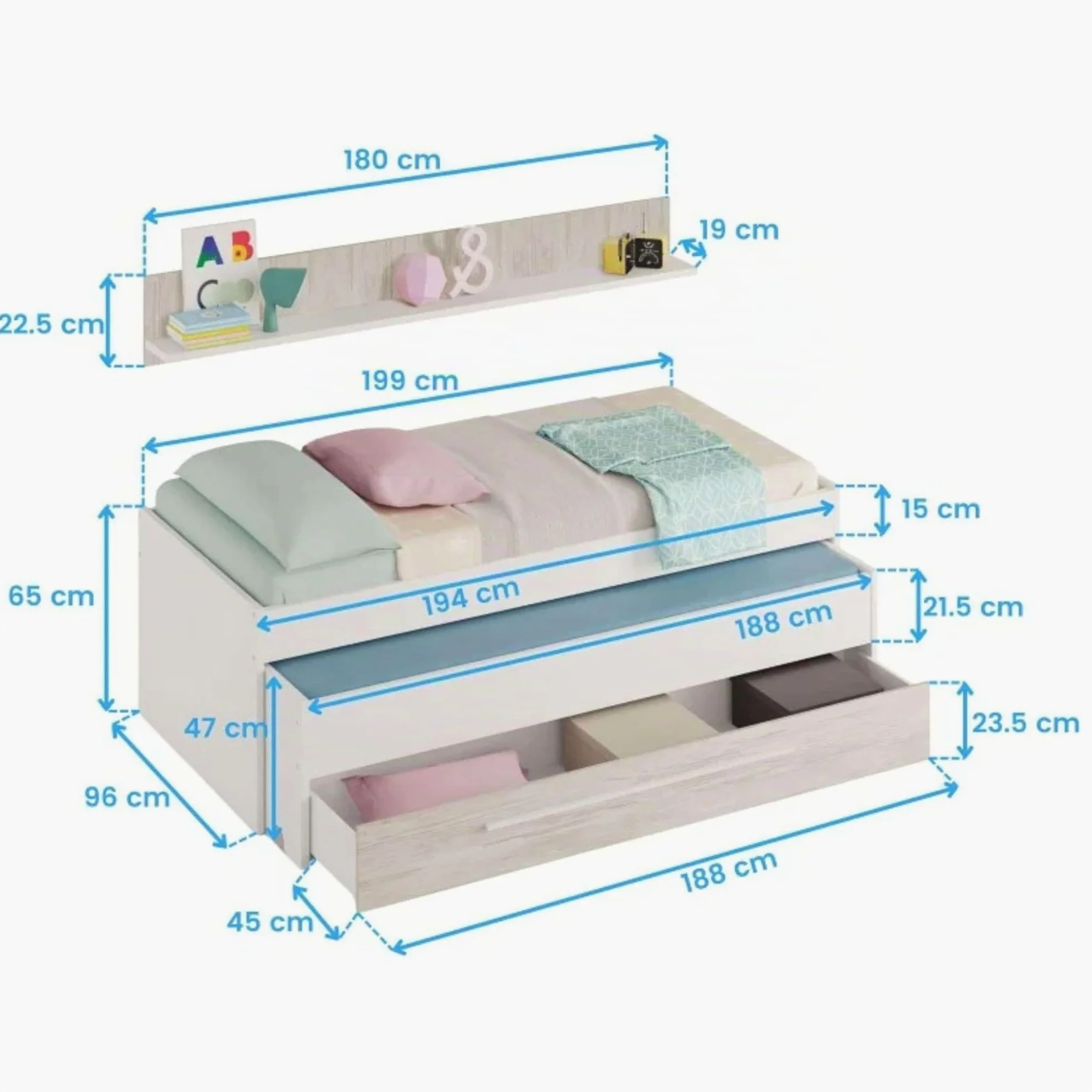 Dmora - Letto per bambini Sunnyvale, Struttura letto per cameretta, Letto singolo con lettino estraibile, cassettone e mensola, 199x96h65 cm, Bianco