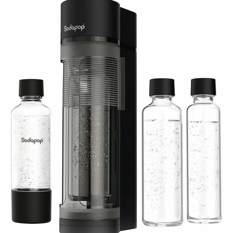 Sodapop Gorgogliatore Logan, con 2 bottiglie di vetro (850 & 600 ml) e 1 bottiglia in PET (850 ml), colore nero opaco, altezza 42,6 cm, senza cilindro CO₂