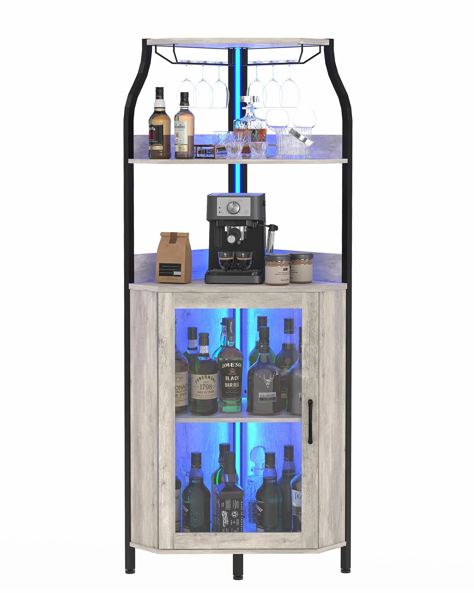 Mobile bar angolare 68" con luci LED, porta in vetro, presa elettrica - Portabottiglie e portabicchieri, 4/5 ripiani regolabili, stile farmhouse rustico per soggiorno o sala da pranzo -