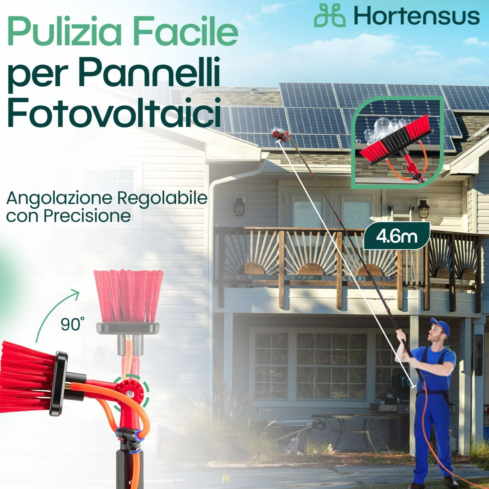 Spazzola Lavaggio con Asta Telescopico – Spazzola Telescopica con Collegamento all’Acqua per Pannelli Fotovoltaici e Solari, Auto, Camper, Grondaie, Tetti e Facciate Pulizia (4,6 m)